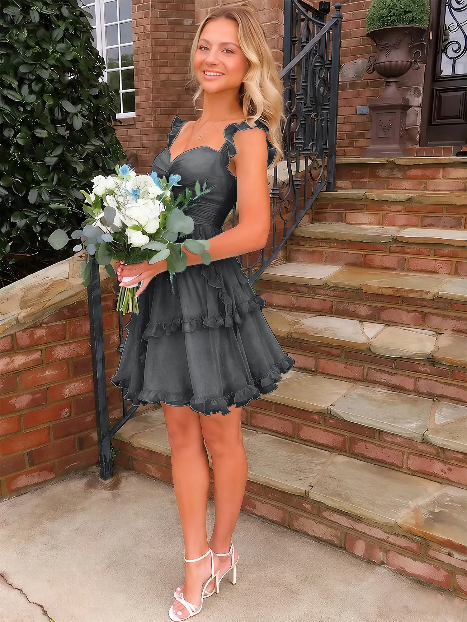 A Line Ruffled Tiered Chiffon Homecoming Dress with Lace-Up Back