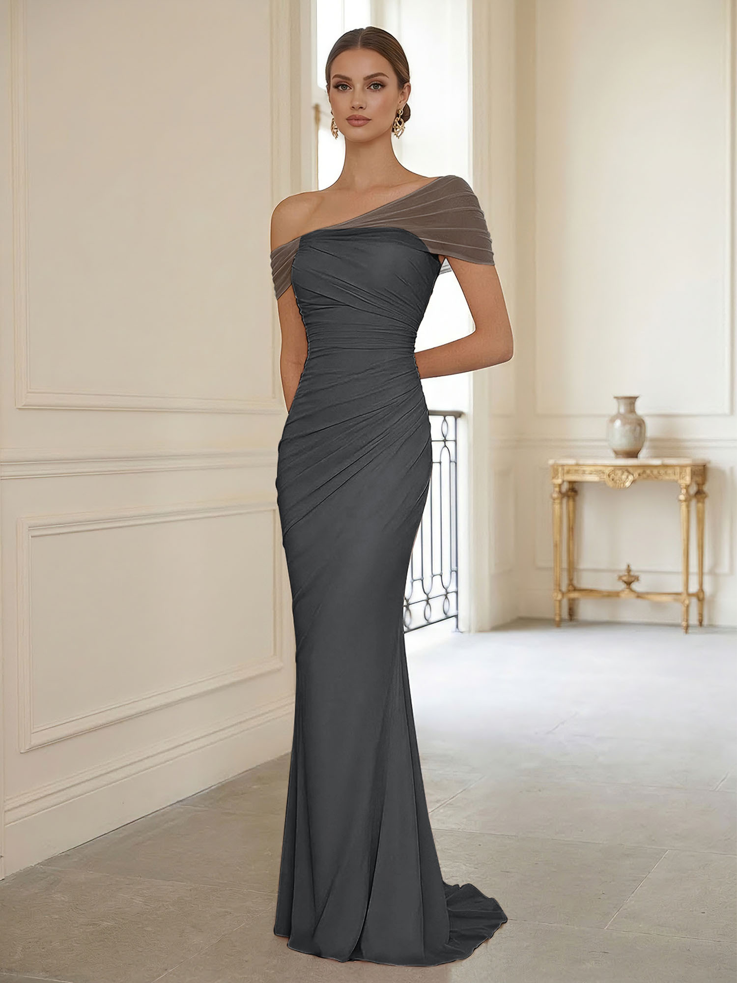 Sophisticated Blush Pink Asymmetrical Ruched Maxi Dress Evening Gown