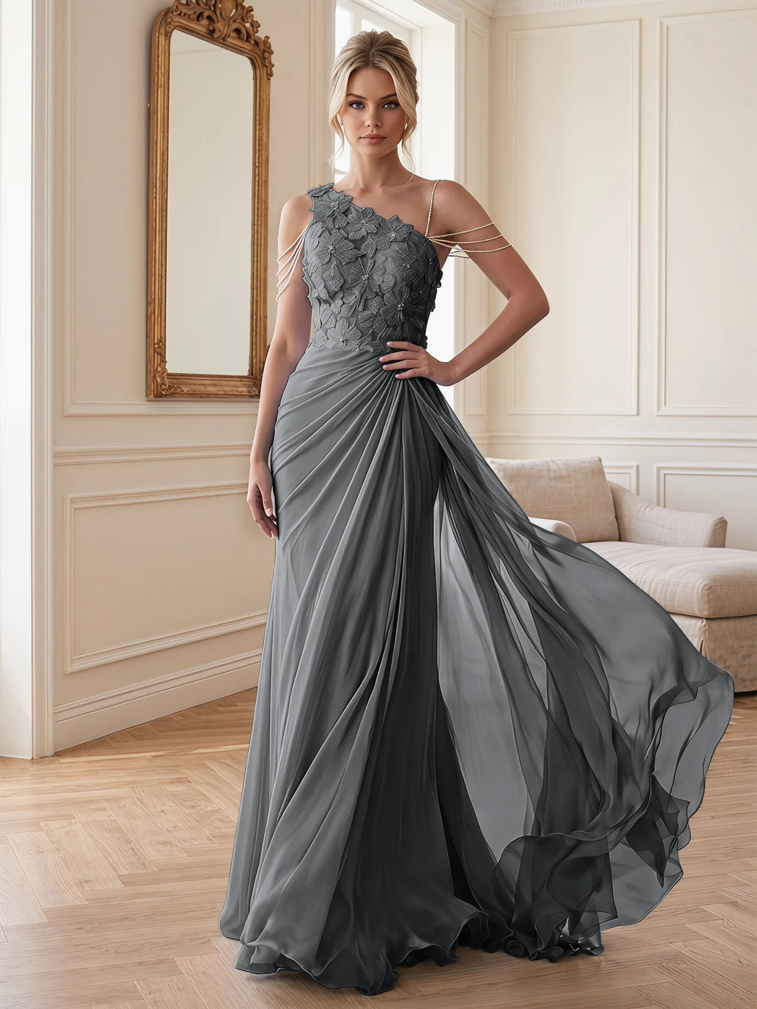 One-Shoulder Floral Lace Chiffon Evening Gown