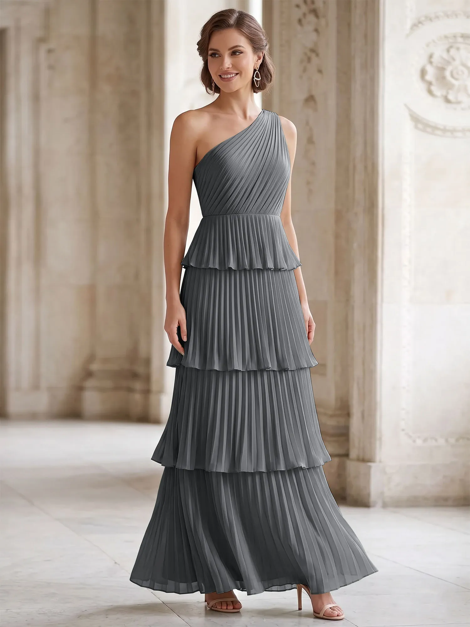 One-Shoulder Tiered Pleated Chiffon Evening Gown