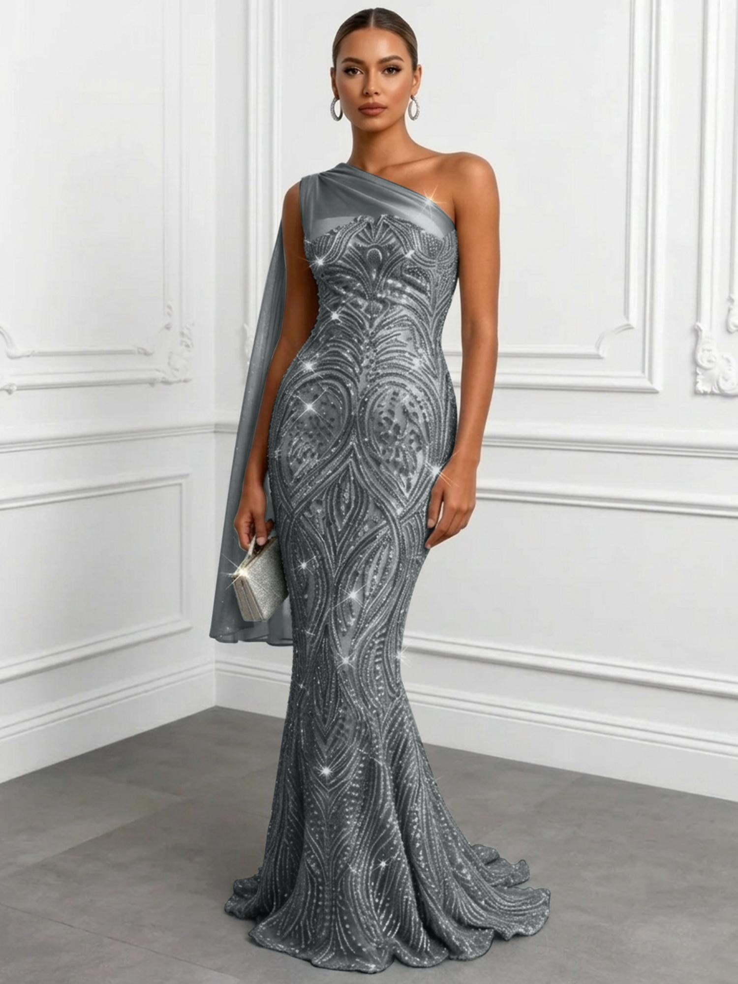 Shimmering Sage One-Shoulder Sequin Mermaid Evening Dress