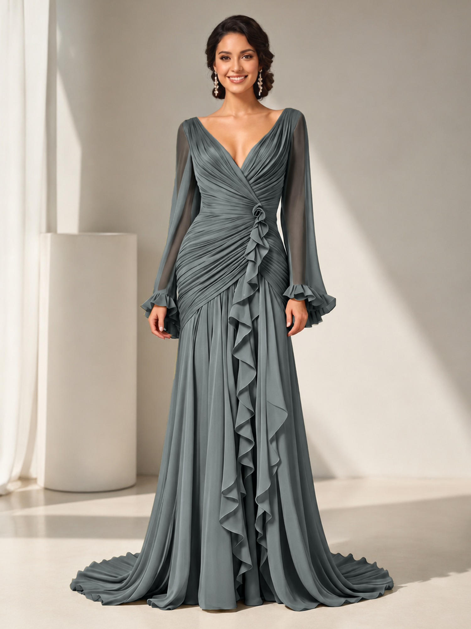 Grecian Olive Green Ruched Long-Sleeve Cascading Ruffle Formal Evening Dress