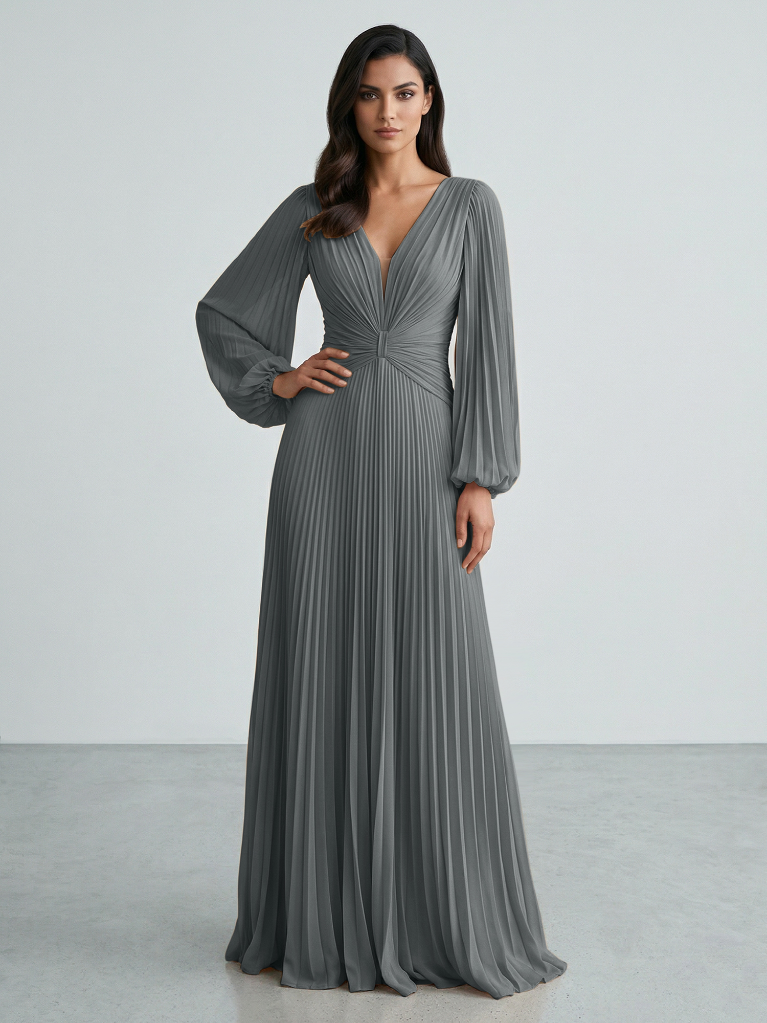 Slate Blue Plunging V-Neck Pleated Long Sleeve Maxi Dress Gown