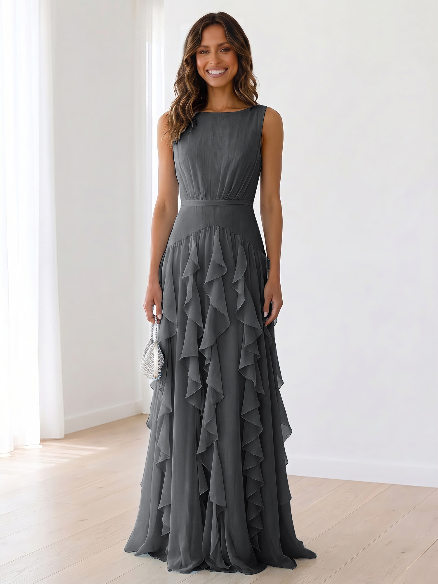 Ethereal Powder Blue Cascading Ruffle Maxi Formal Evening Dress