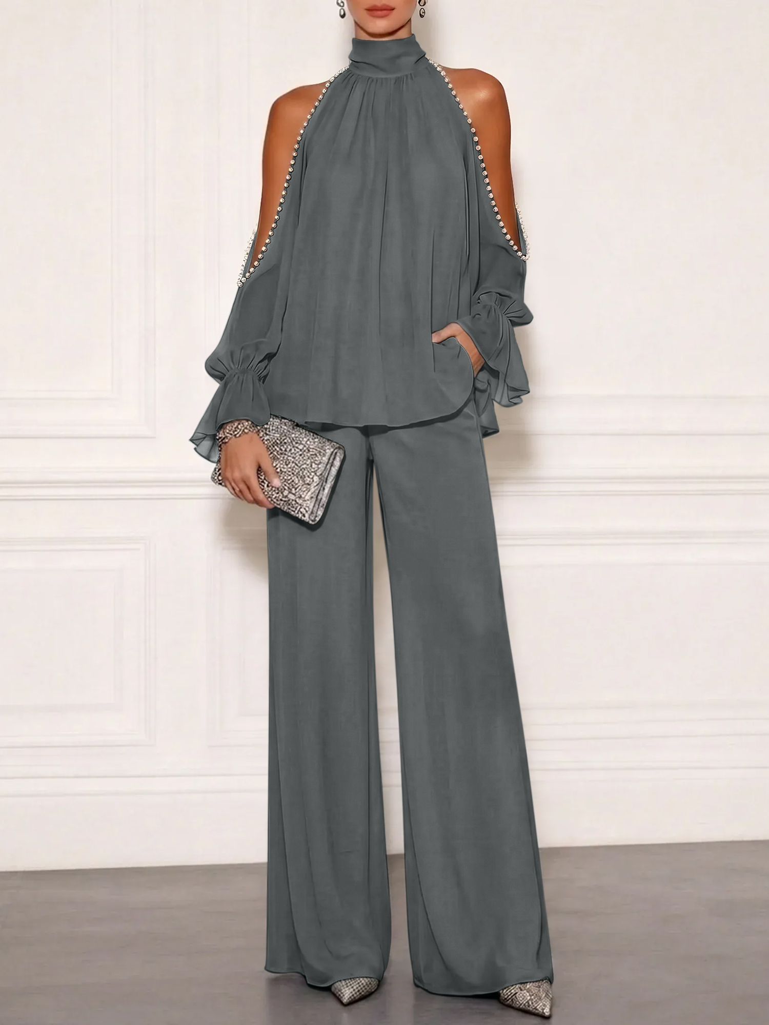 Sophisticated Embellished Cold Shoulder Formal Evening Jumpsuit