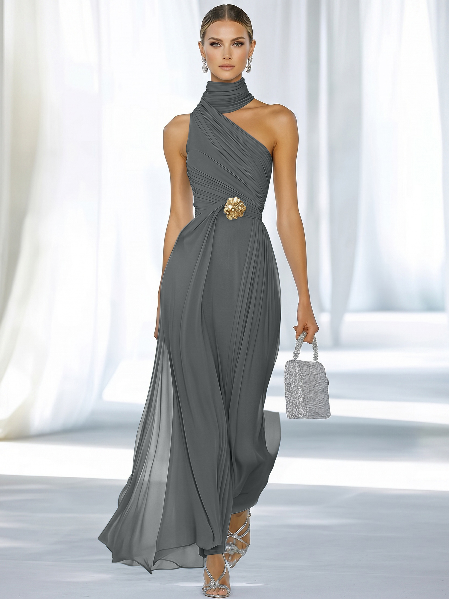 Sky Blue Pleated Chiffon Halter Strapless Formal Evening Dress