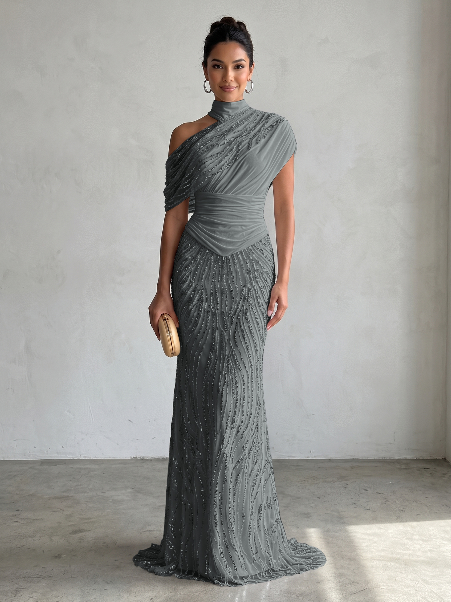 Ethereal White Beaded High-Neck Draped Sheath Formal Evening Dress