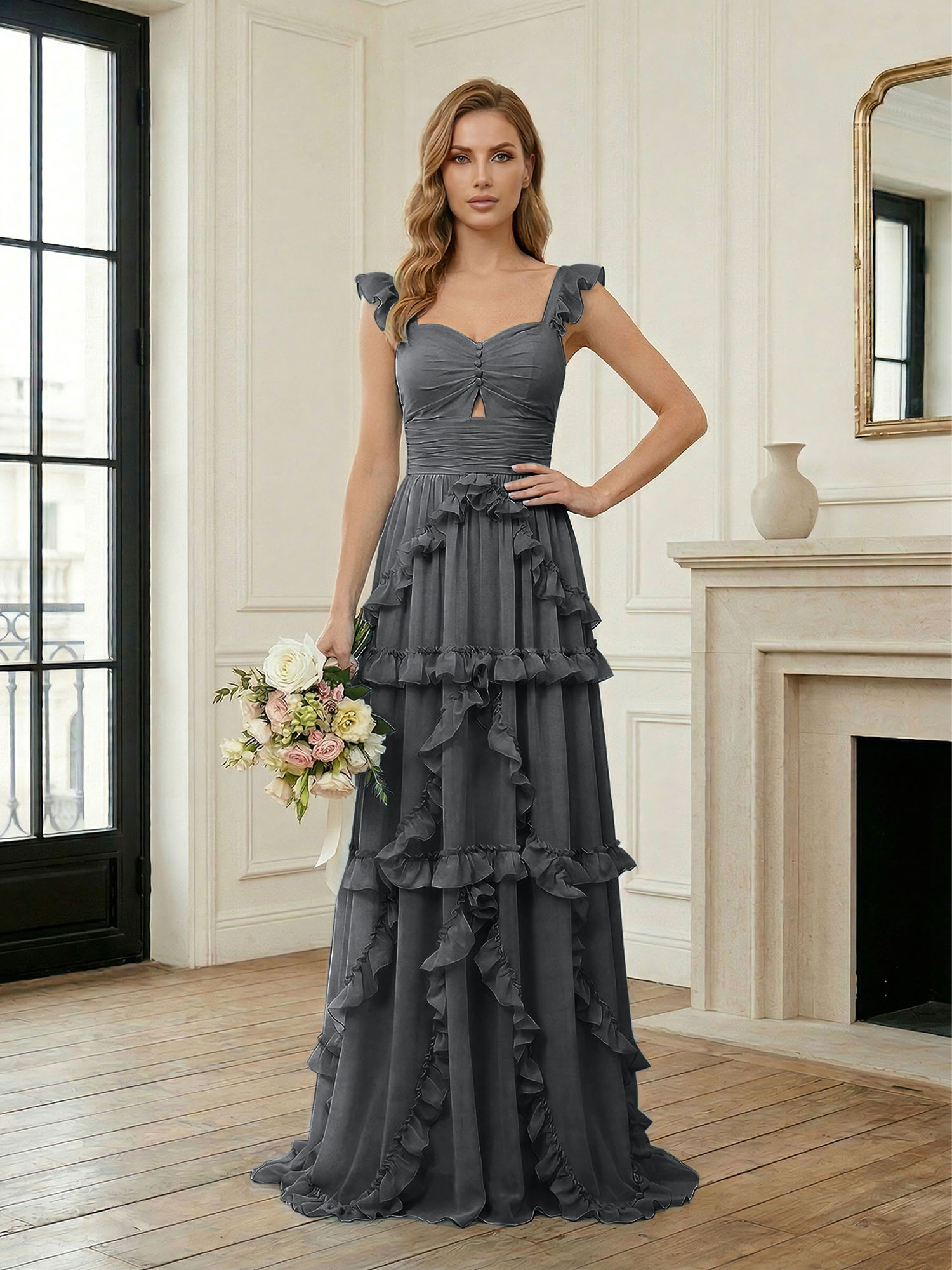 Ethereal Sky Blue Tiered Ruffle Chiffon Maxi Dress Gown