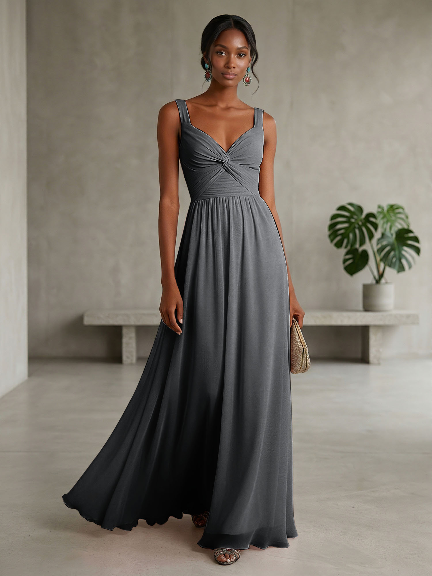 Elegant Soft Blush Twist-Front Chiffon Maxi Gown