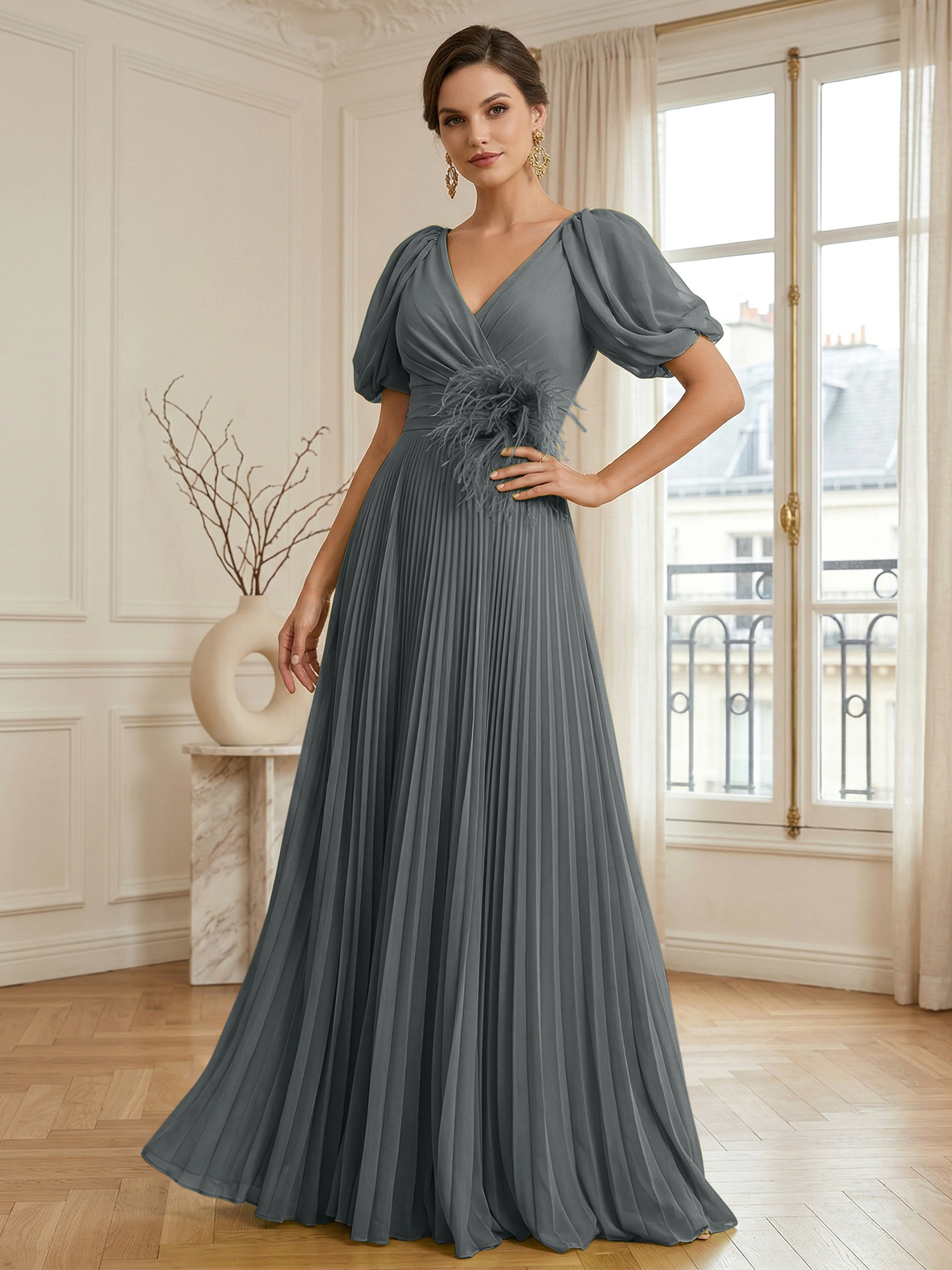 A-Line Chiffon Evening Gown with Feather V-Neck Short Sleeves Formal Dress