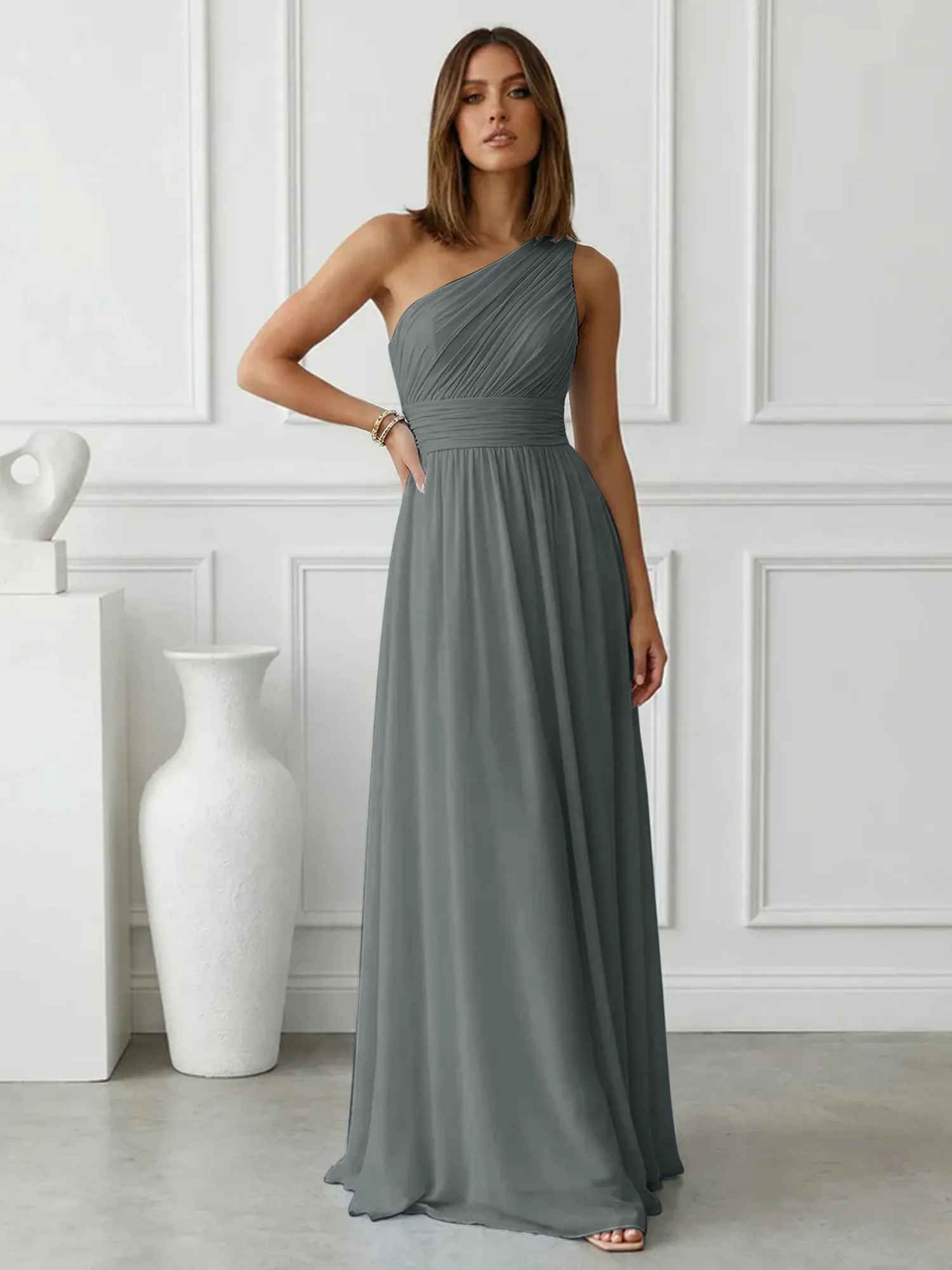 One-Shoulder Pleated Chiffon A-Line Evening Dress