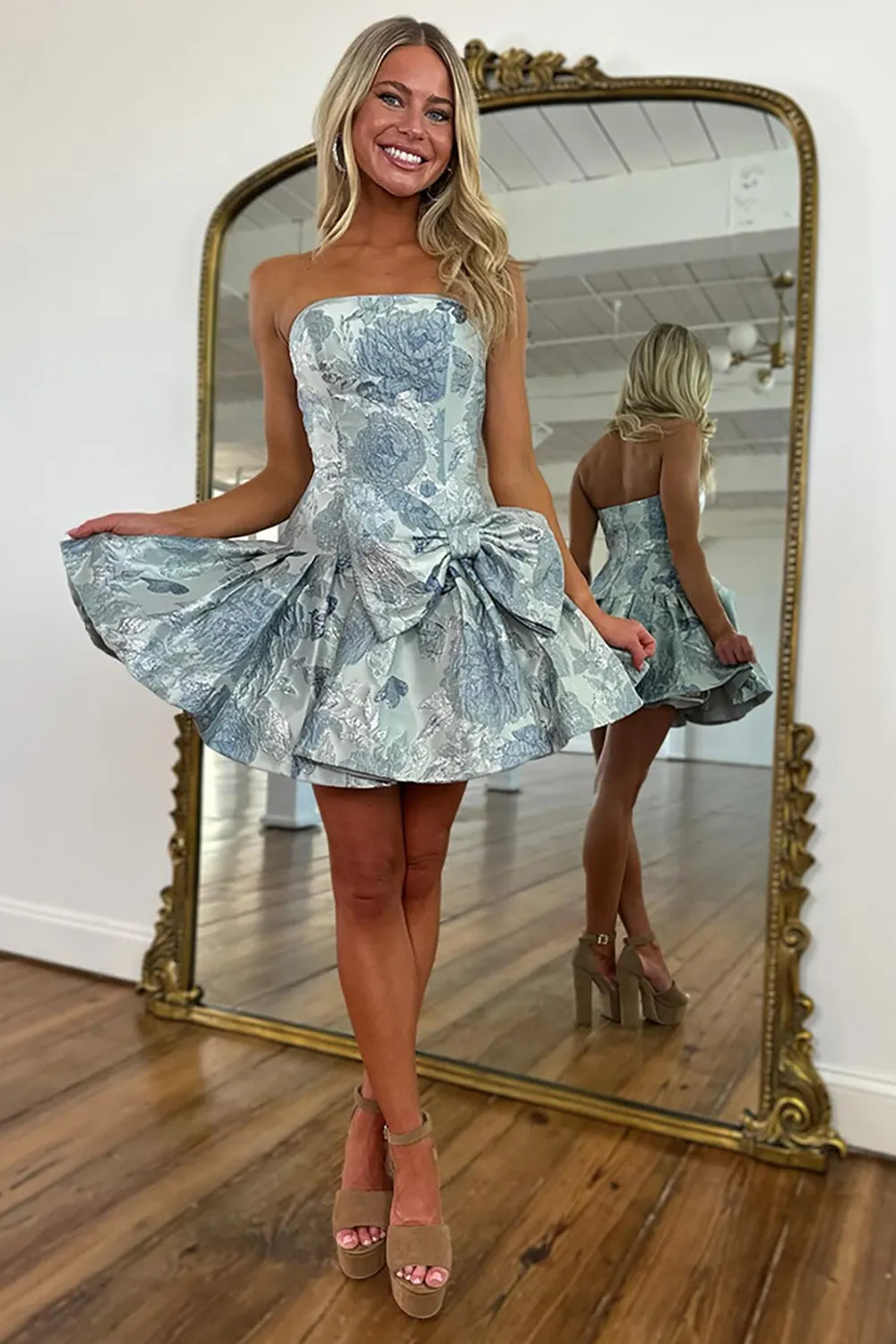 Grey Blue A Line Floral Strapless Short Homecoming Dress To Impress