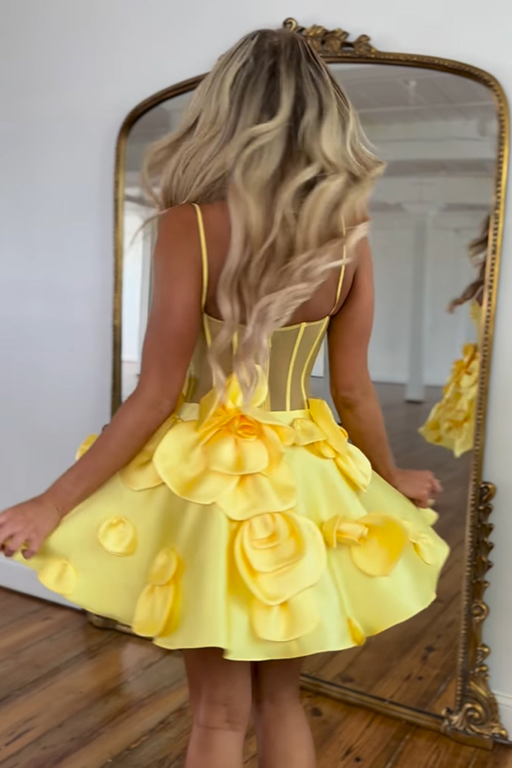 Yellow A-Line Spaghetti Straps Short Homecoming Dress with 3D Flowers