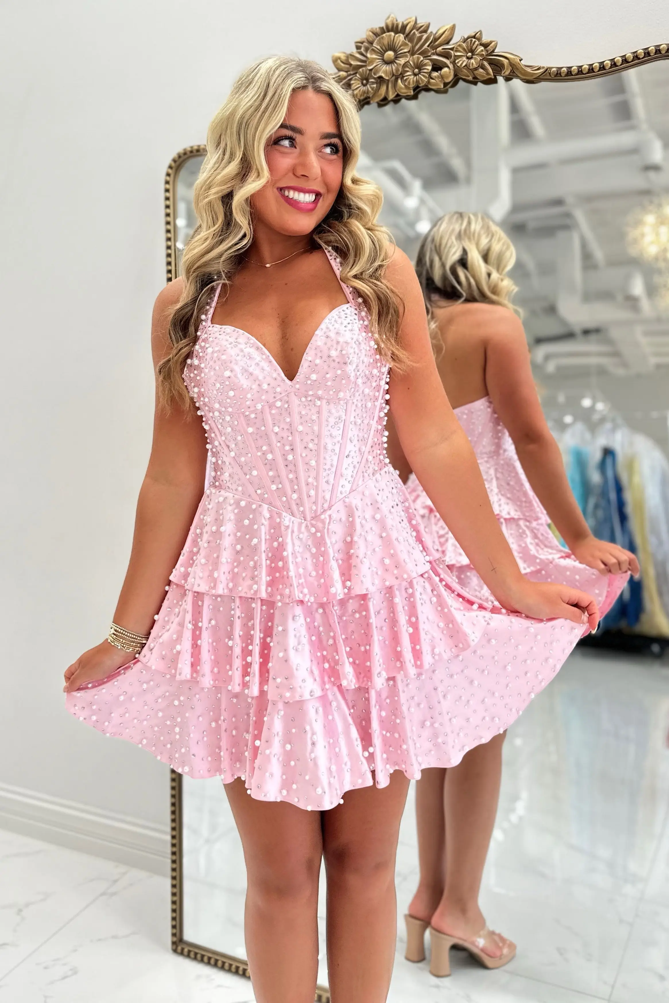 Lavender Halter Corset Tiered Pearl Short Homecoming Dress