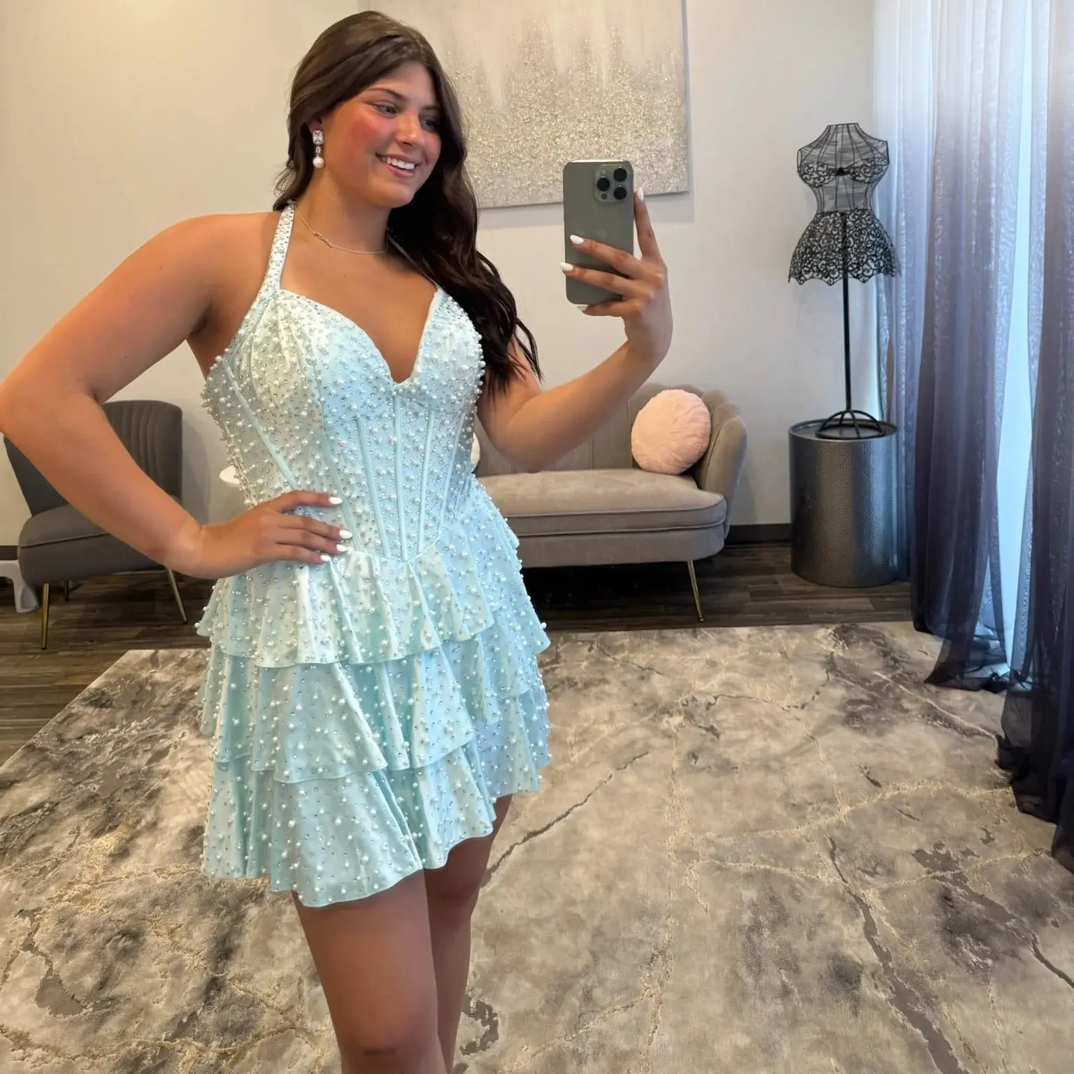 Lavender Halter Corset Tiered Pearl Short Homecoming Dress