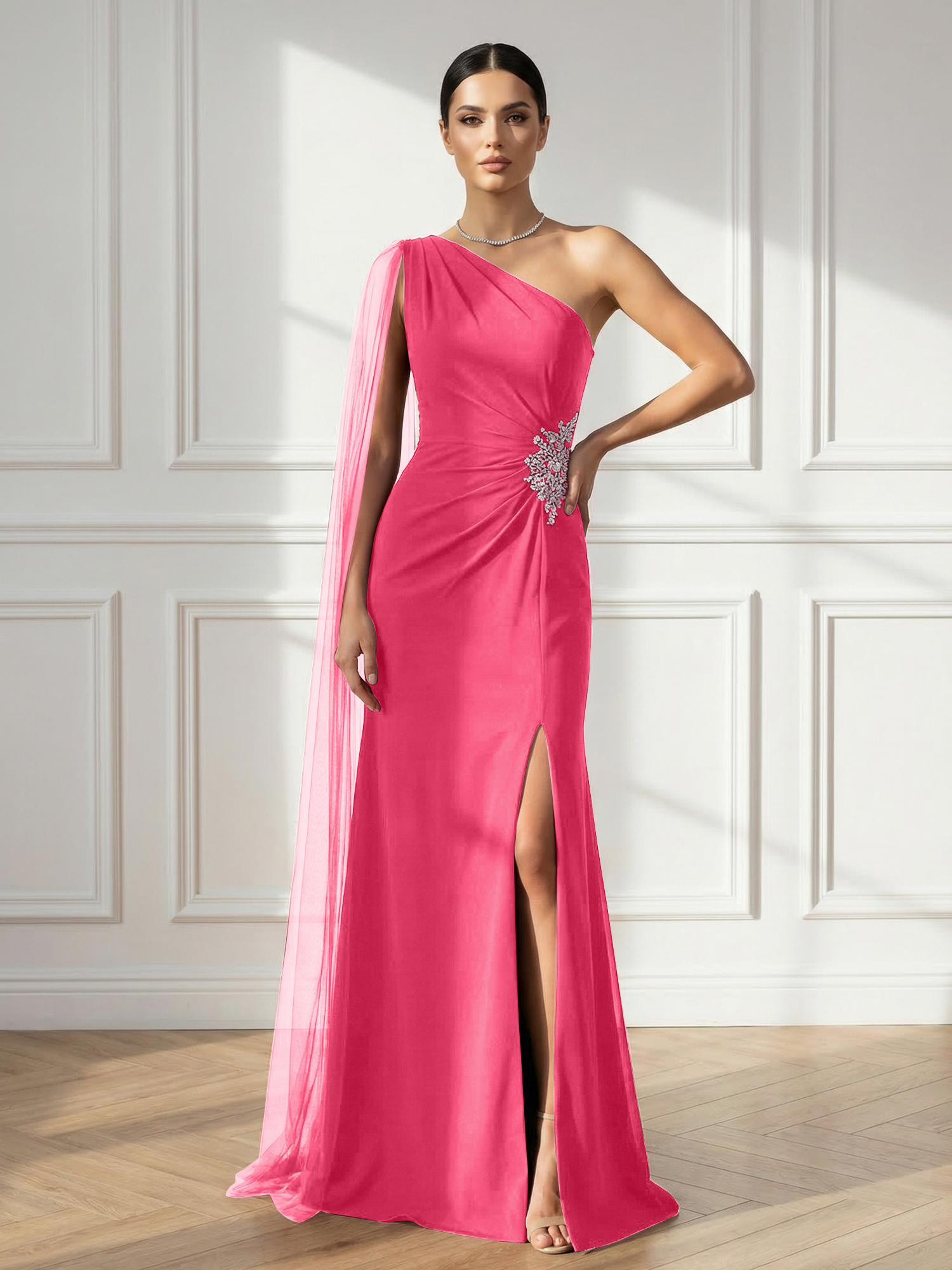 Formal Evening Dress Burgundy One Shoulder Slit Maxi Dress Gown