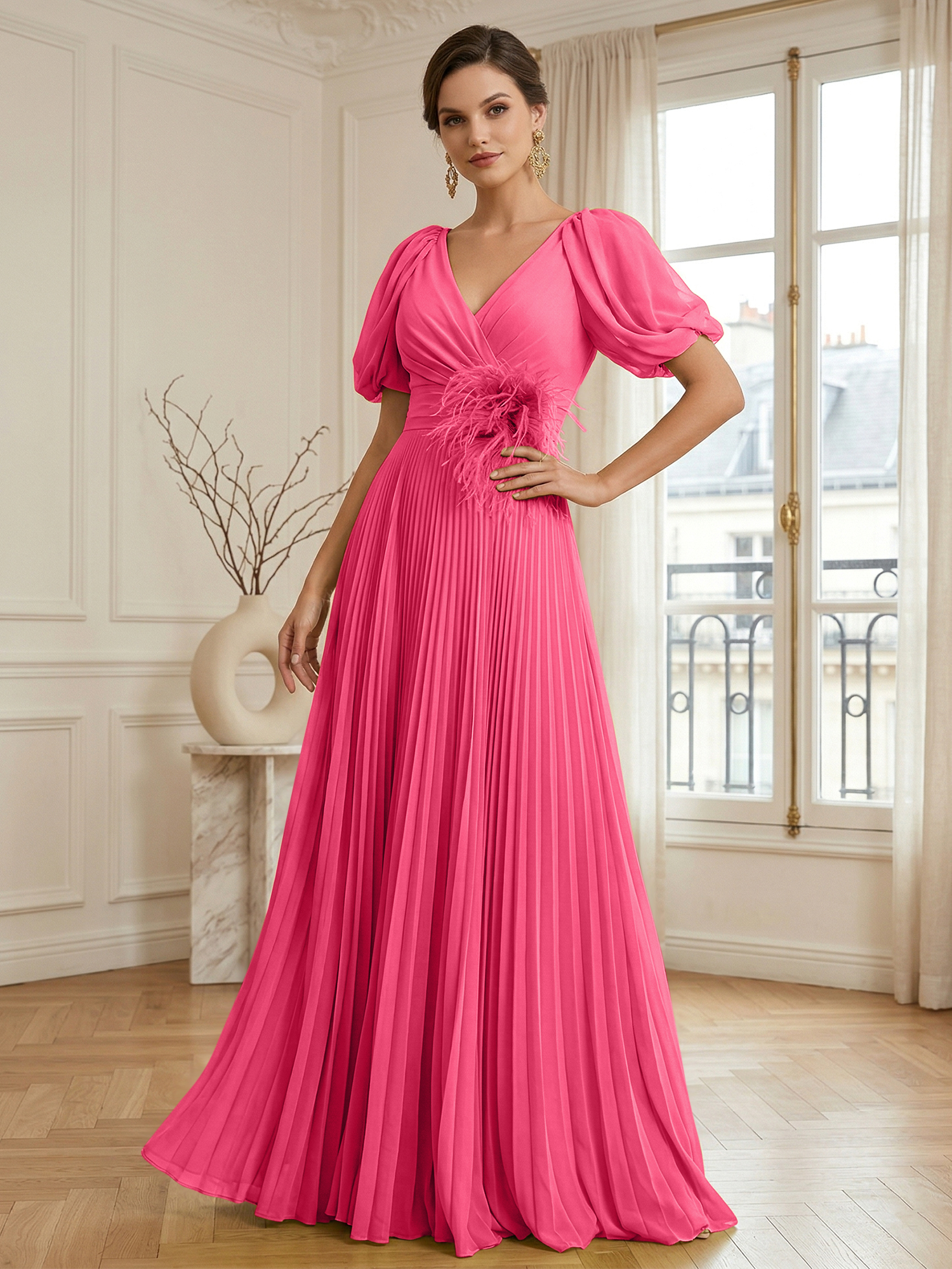 A-Line Chiffon Evening Gown with Feather V-Neck Short Sleeves Formal Dress