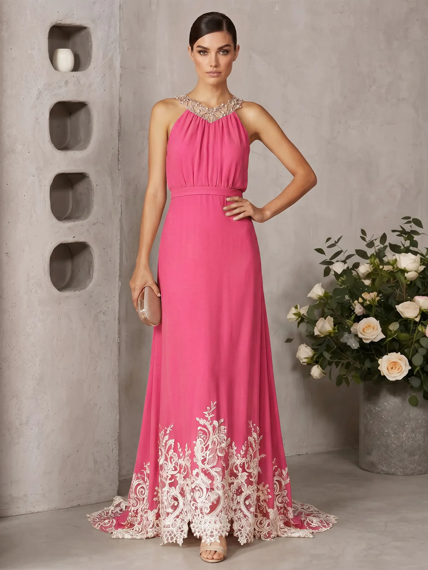 Halter Neck Beaded Chiffon Gown with Lace Hem