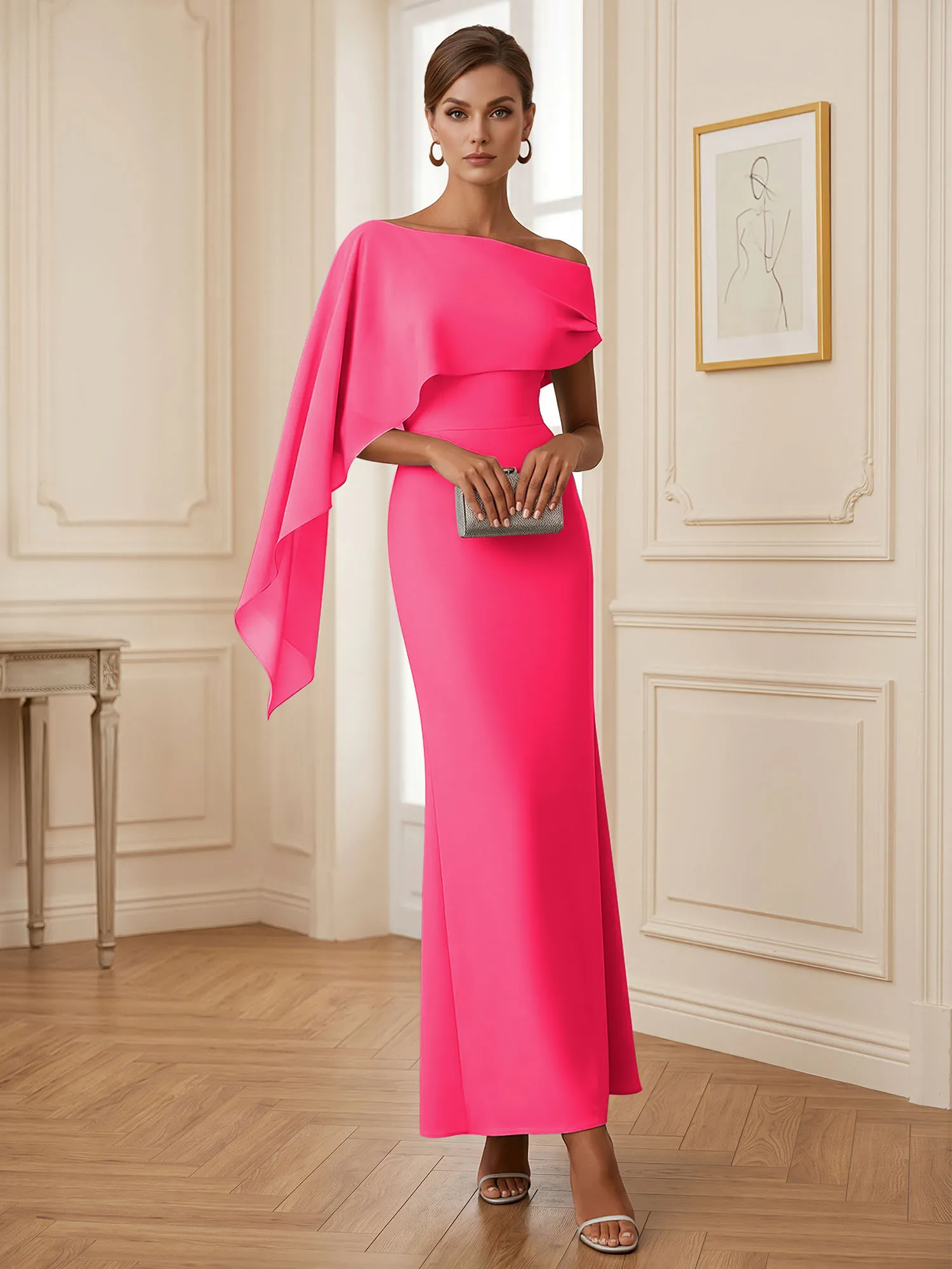 One-Shoulder Chiffon Overlay Mermaid Evening Gown