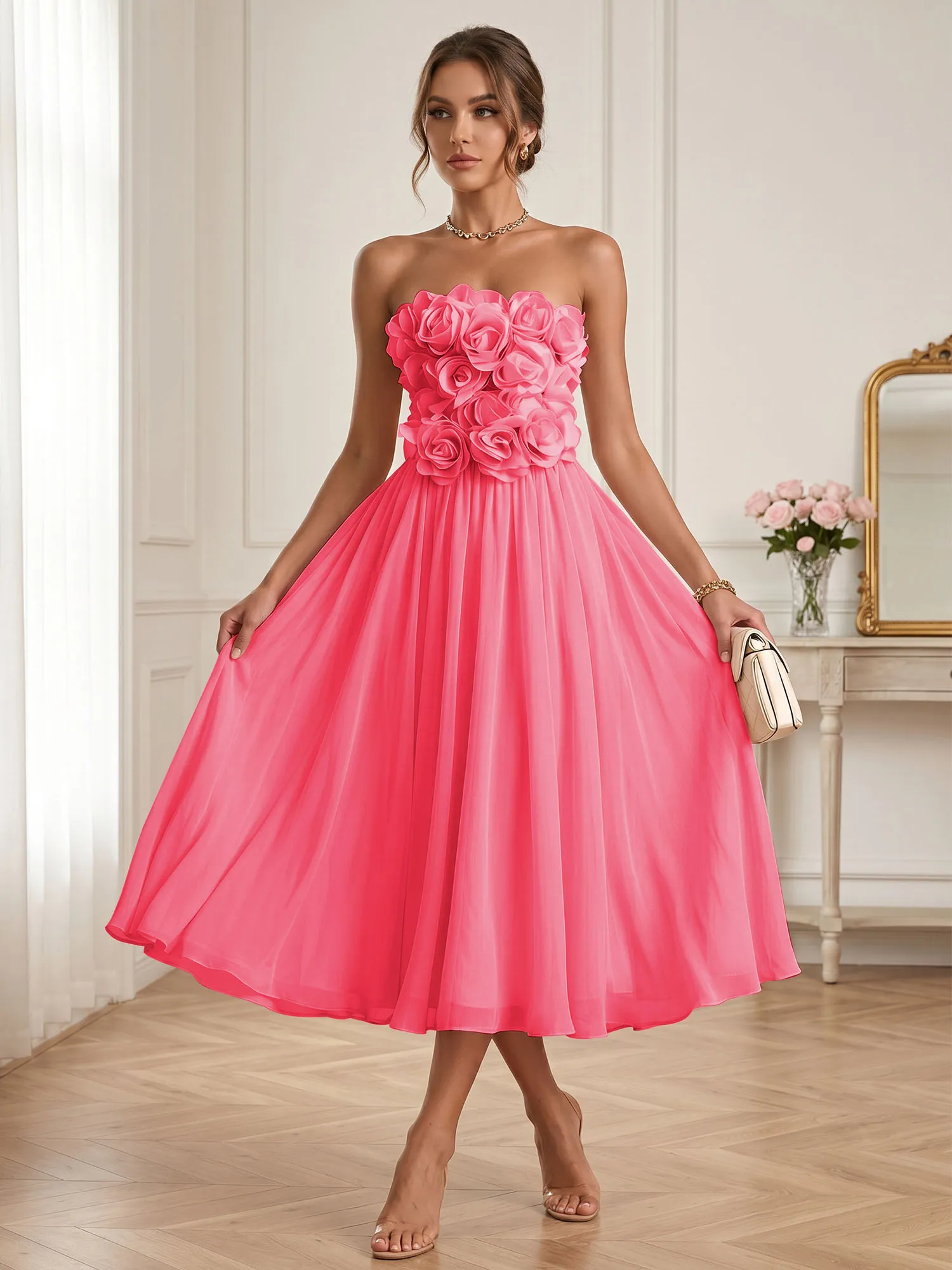 Strapless 3D Floral Chiffon A-Line Midi Formal Dress
