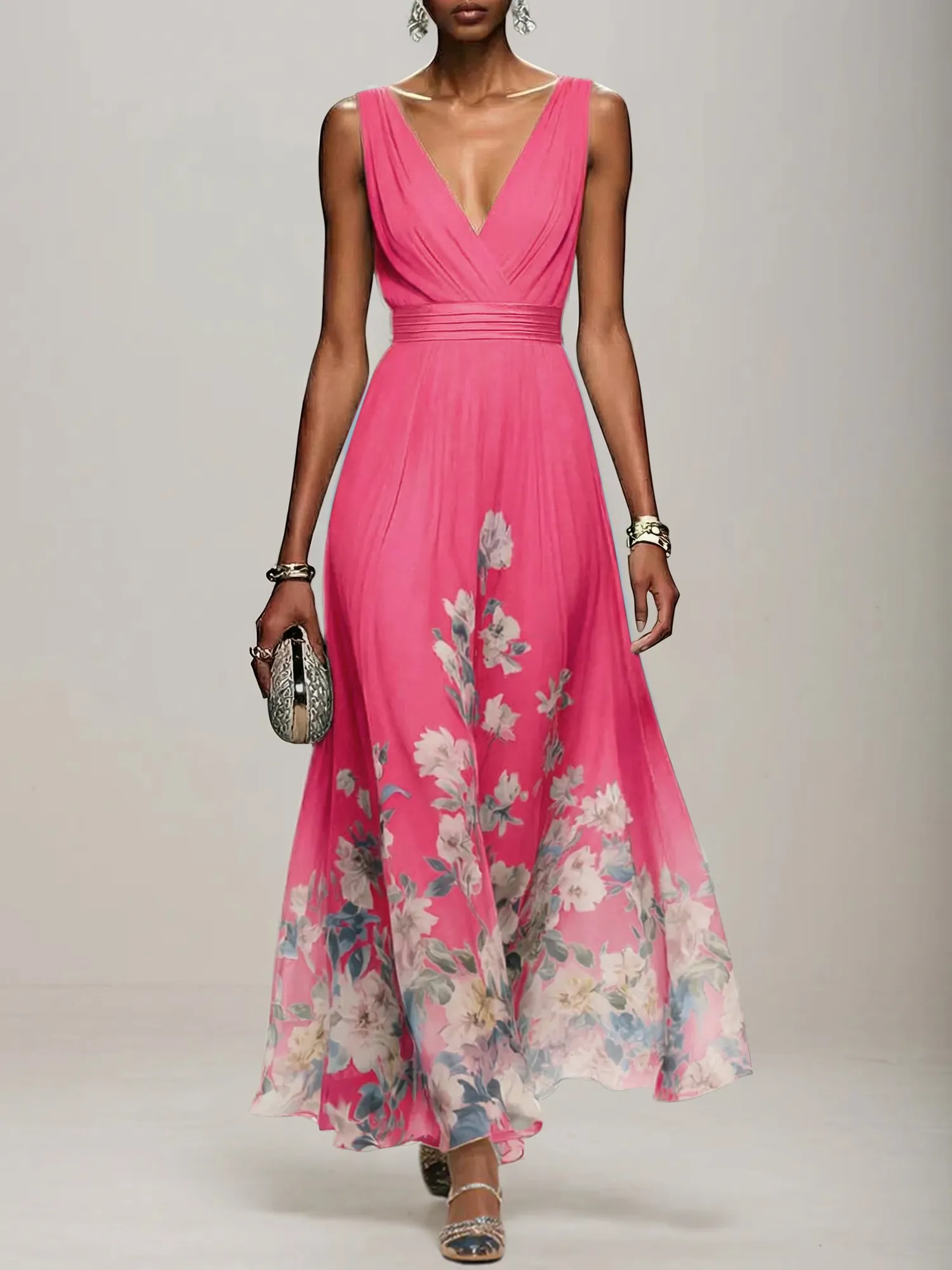 V-Neck Floral Print Chiffon Maxi Evening Dress with Satin Waist Bow
