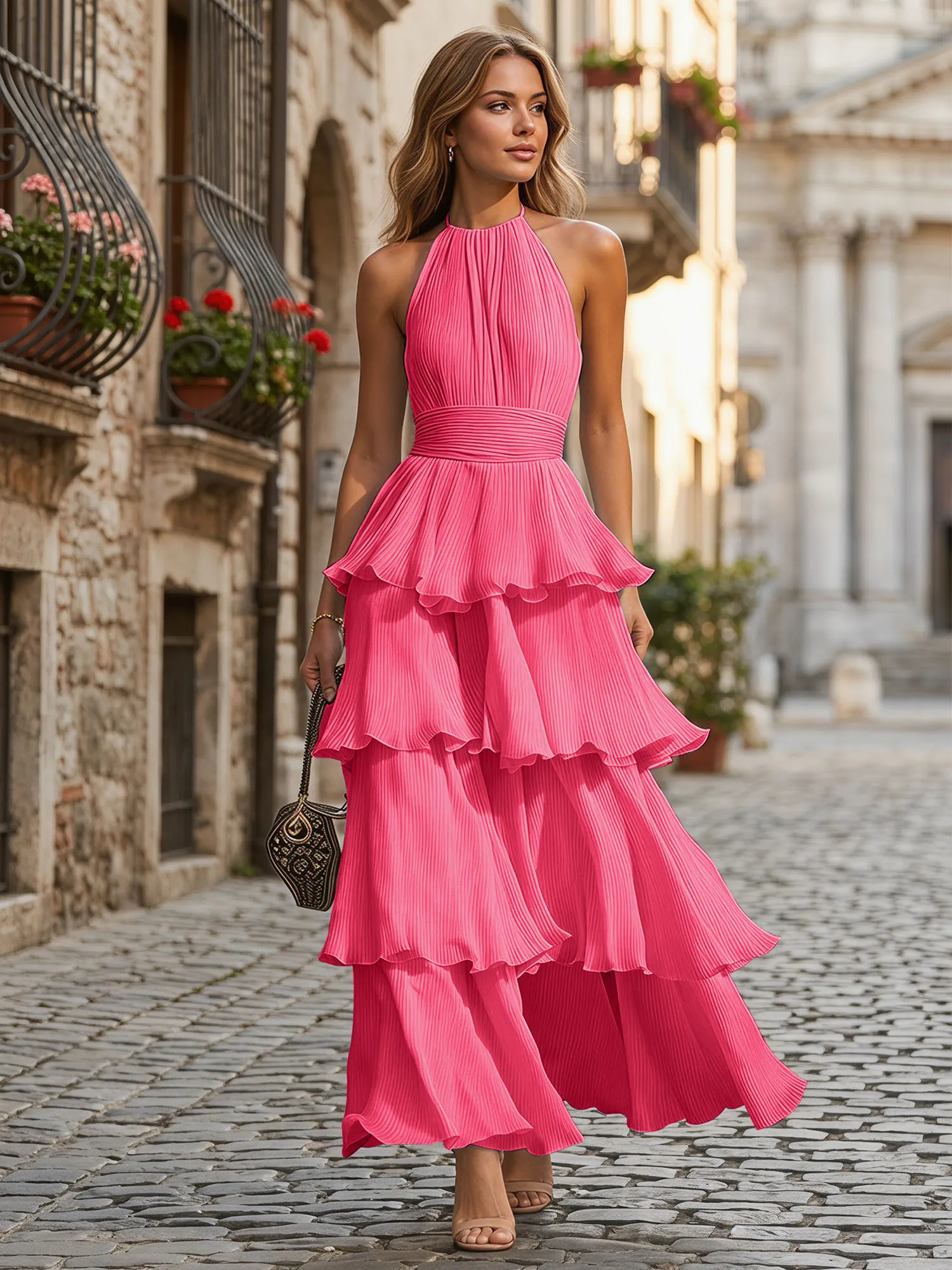 A Line Halter Neck Tiered Ruffle Chiffon Evening Dress