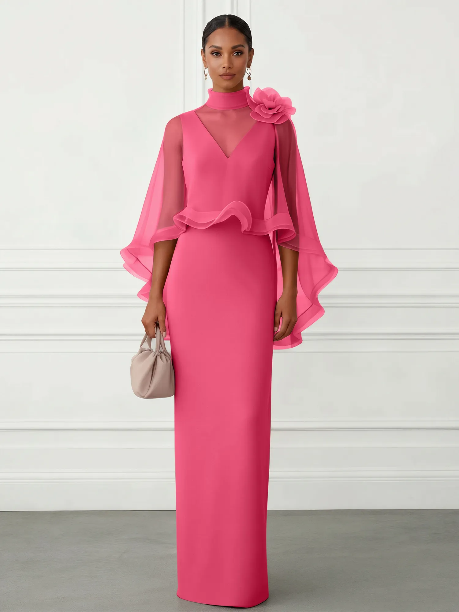 High-Neck Chiffon Cape Sleeve Sheath Evening Gown
