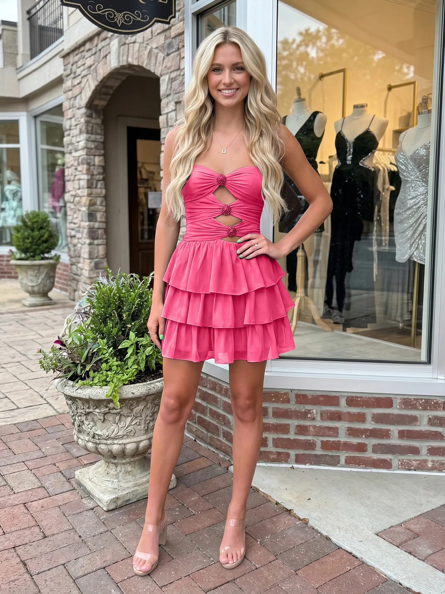 Strapless Cutout Tiered Ruffle Chiffon Homecoming Dress