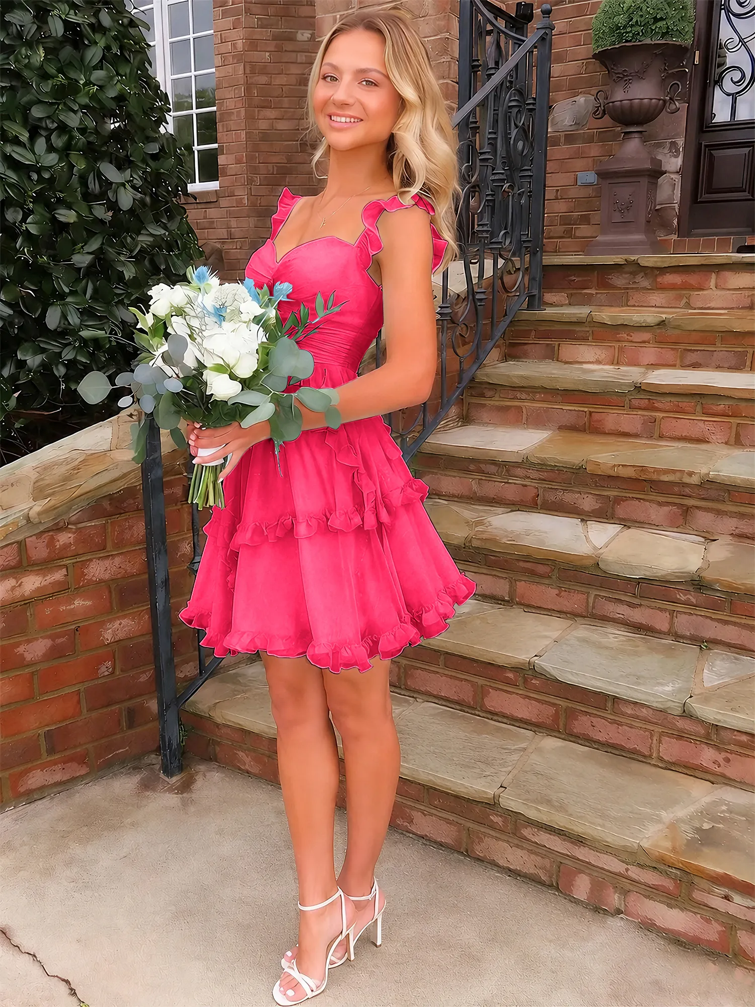 A Line Ruffled Tiered Chiffon Homecoming Dress with Lace-Up Back