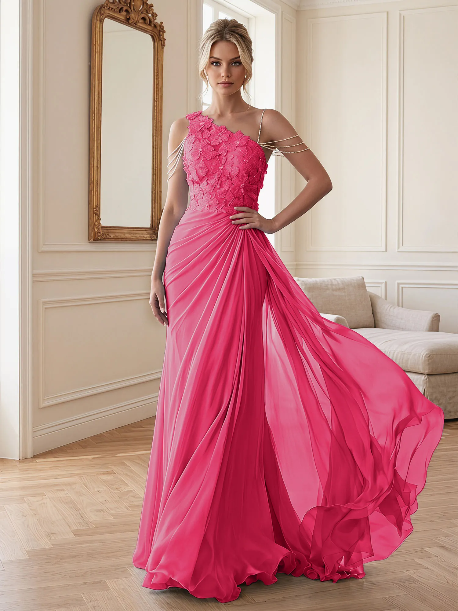 One-Shoulder Floral Lace Chiffon Evening Gown