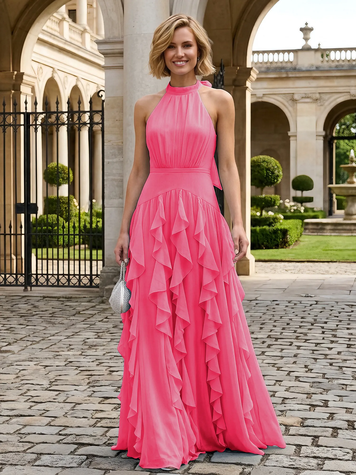 Halter Neck Ruffled Chiffon Evening Gown Maxi Dress