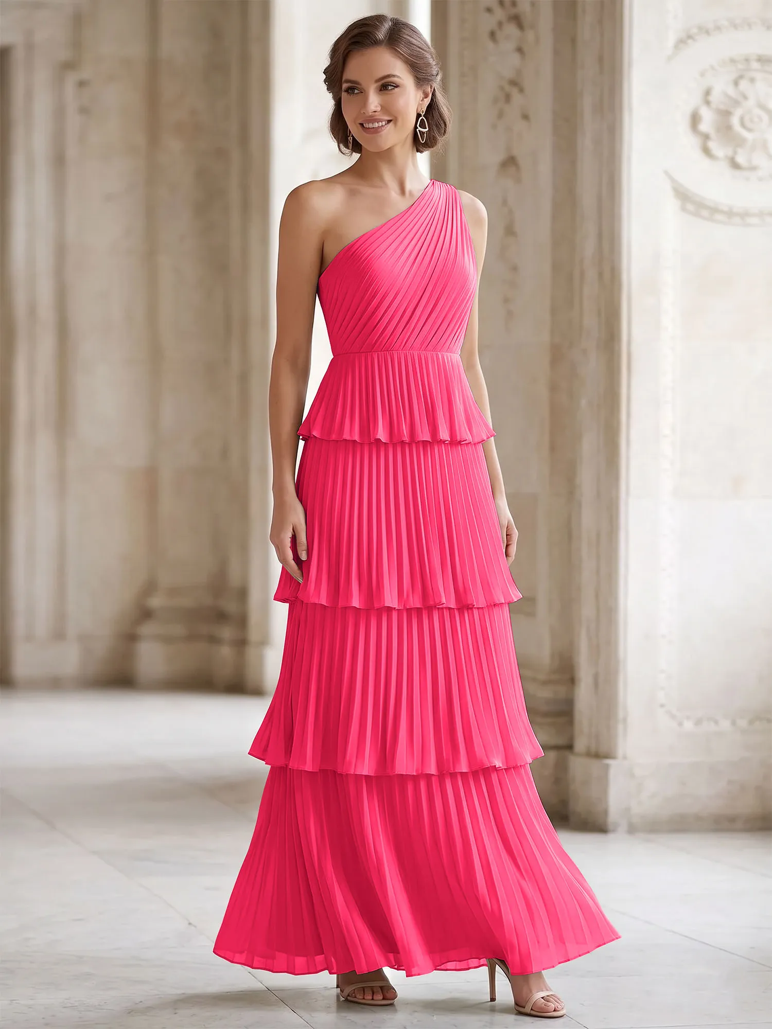 One-Shoulder Tiered Pleated Chiffon Evening Gown
