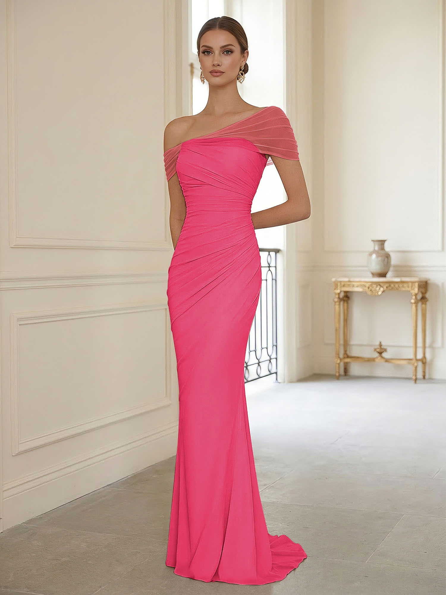 Sophisticated Blush Pink Asymmetrical Ruched Maxi Dress Evening Gown