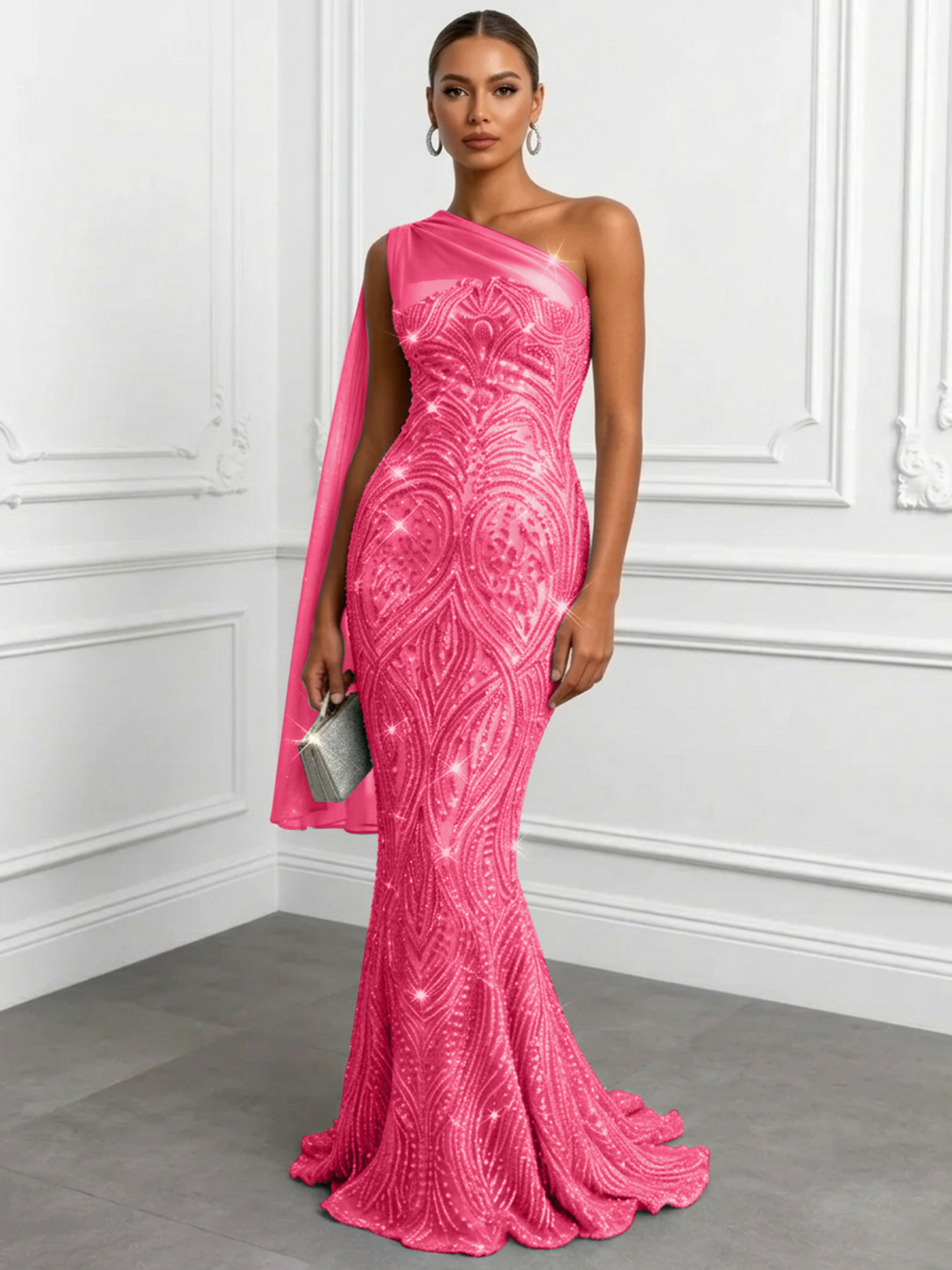 Shimmering Sage One-Shoulder Sequin Mermaid Evening Dress