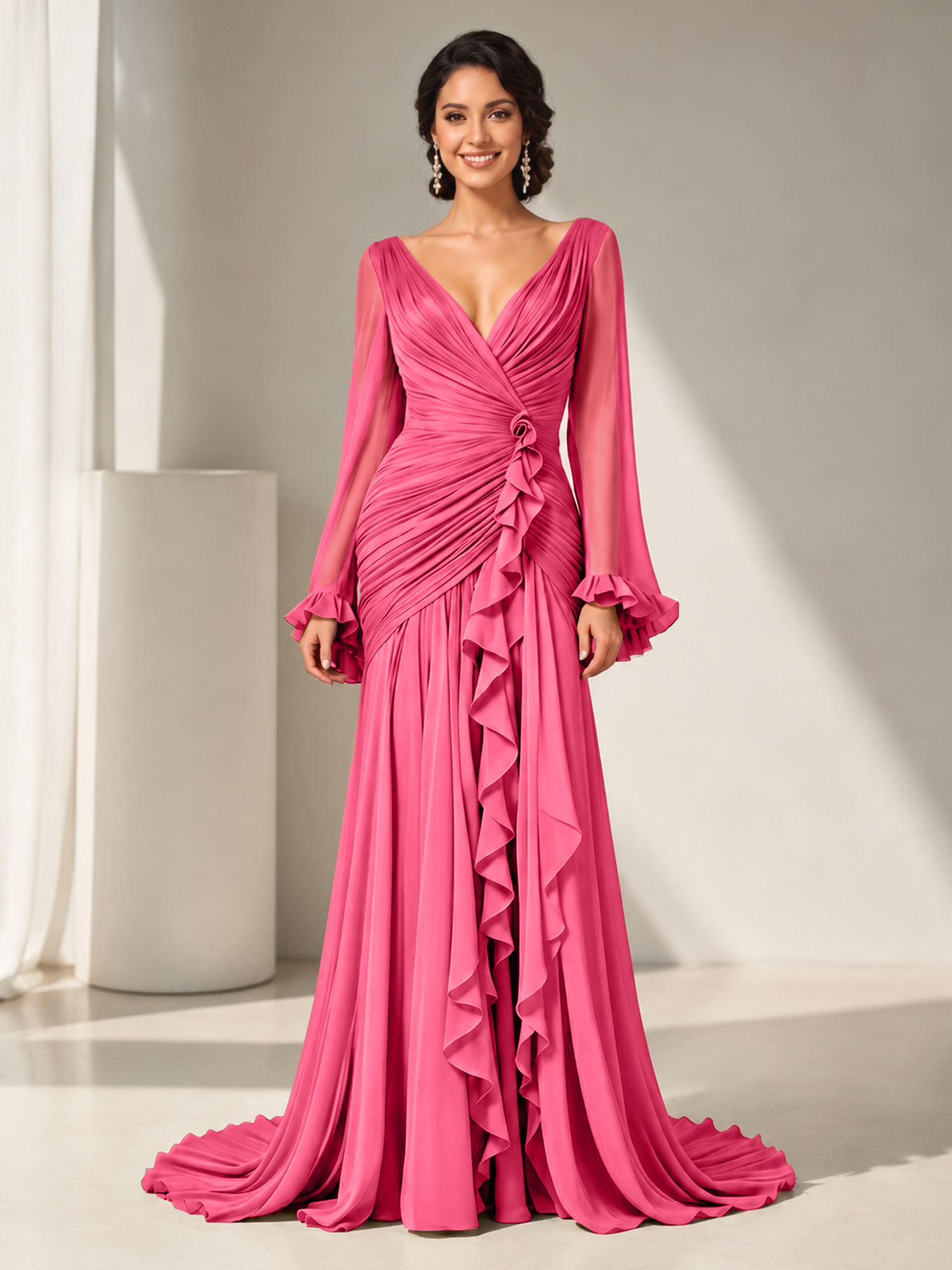 Grecian Olive Green Ruched Long-Sleeve Cascading Ruffle Formal Evening Dress
