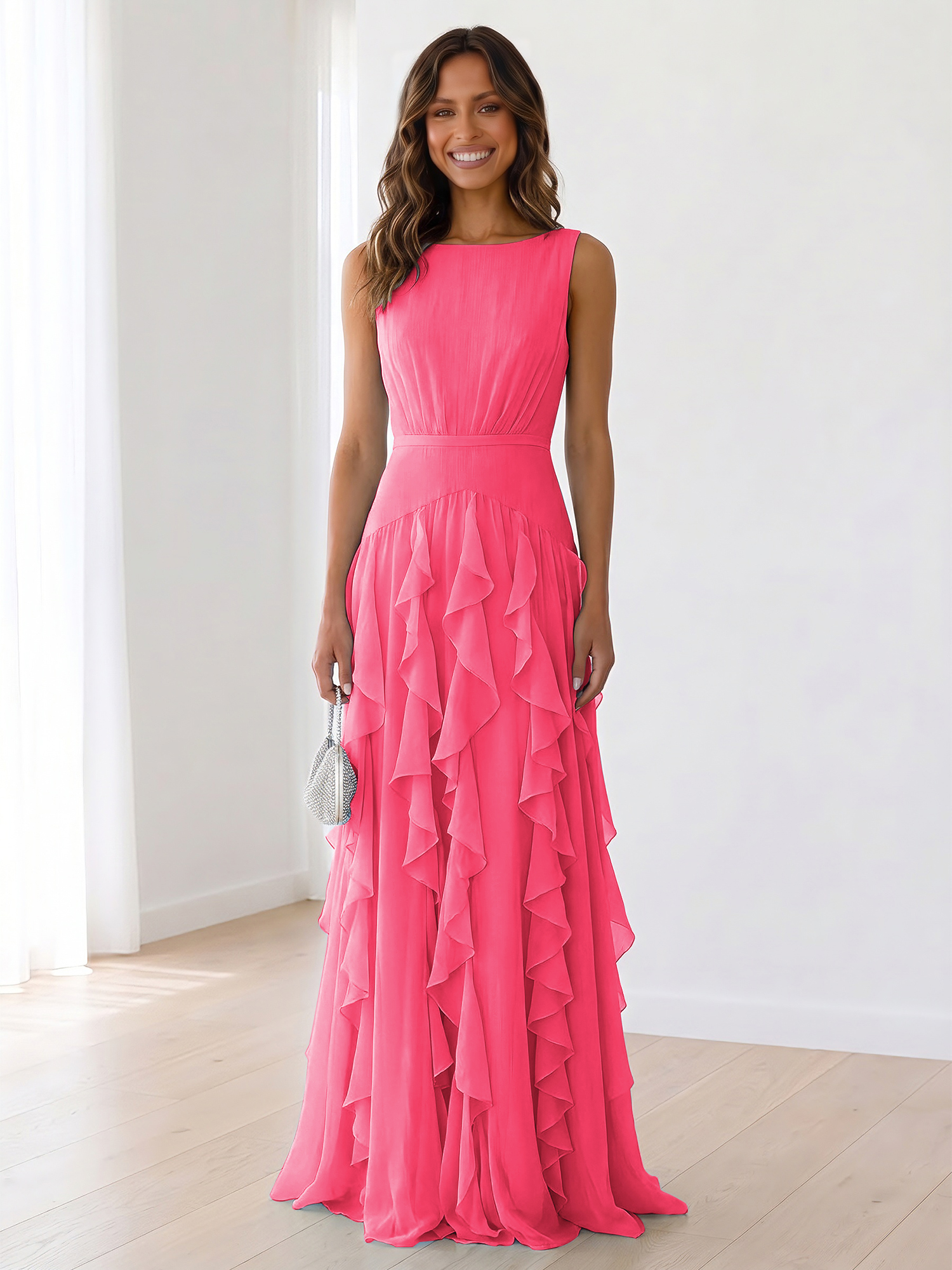 Ethereal Powder Blue Cascading Ruffle Maxi Formal Evening Dress