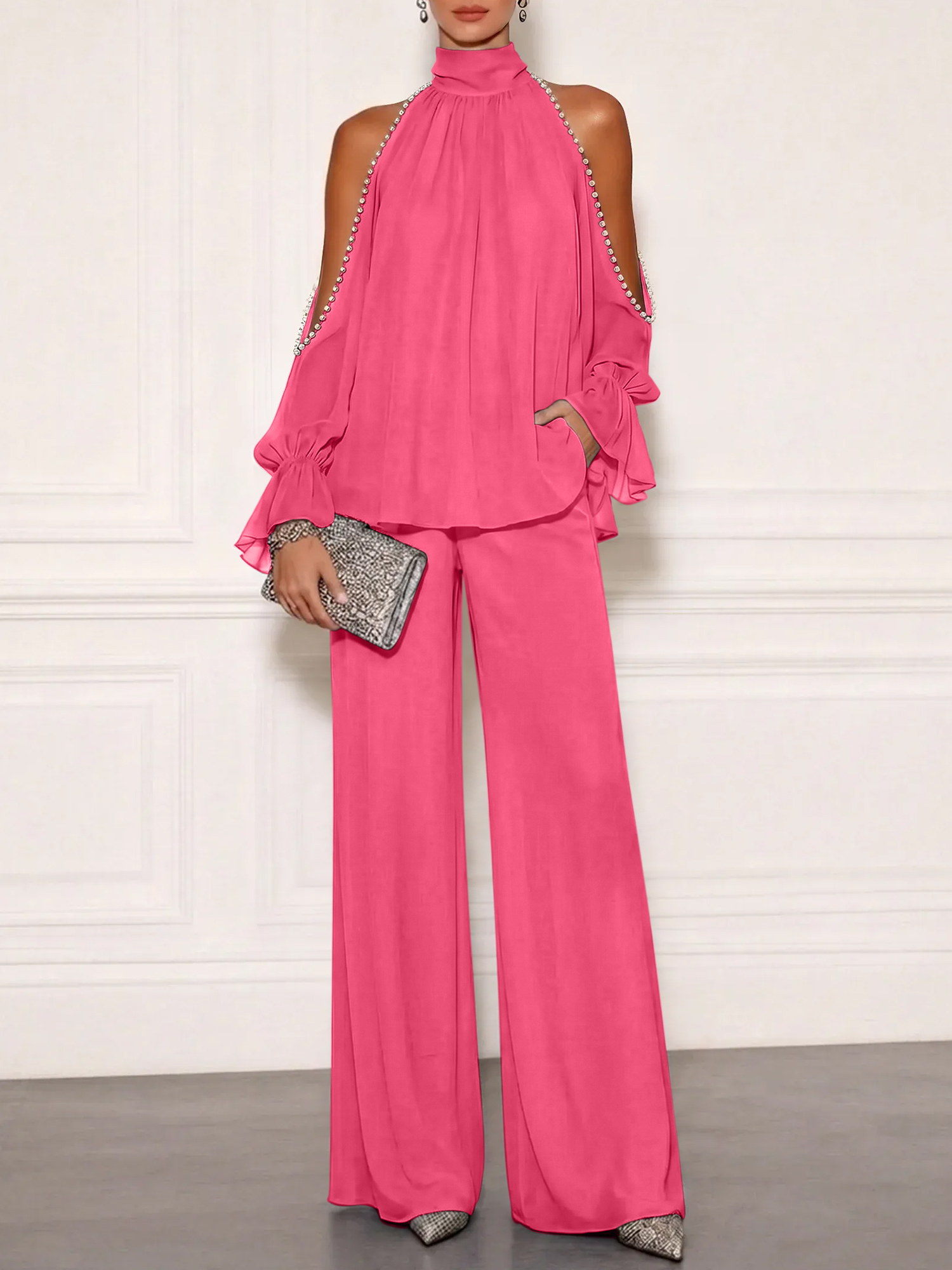Sophisticated Embellished Cold Shoulder Formal Evening Jumpsuit