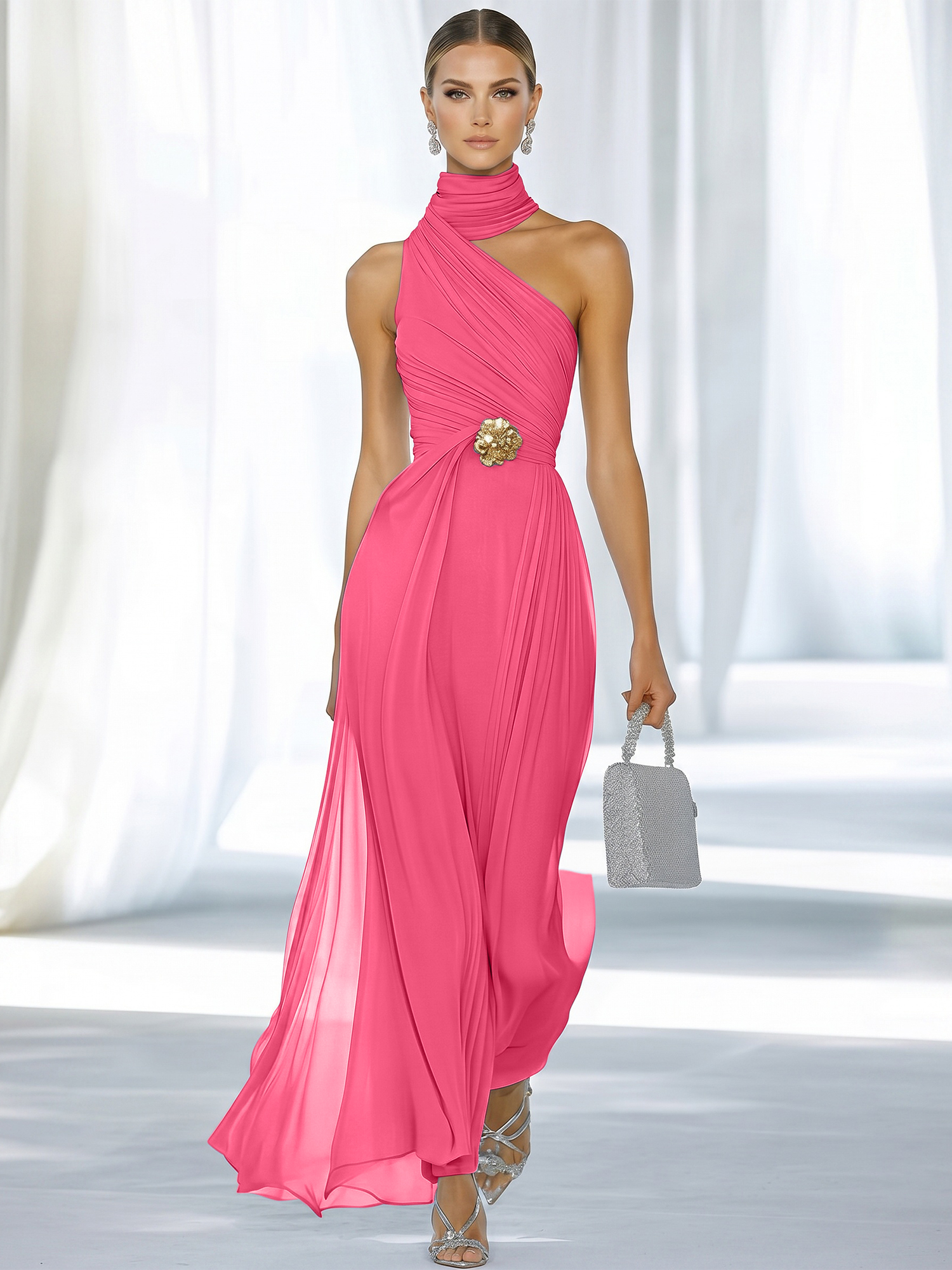 Sky Blue Pleated Chiffon Halter Strapless Formal Evening Dress