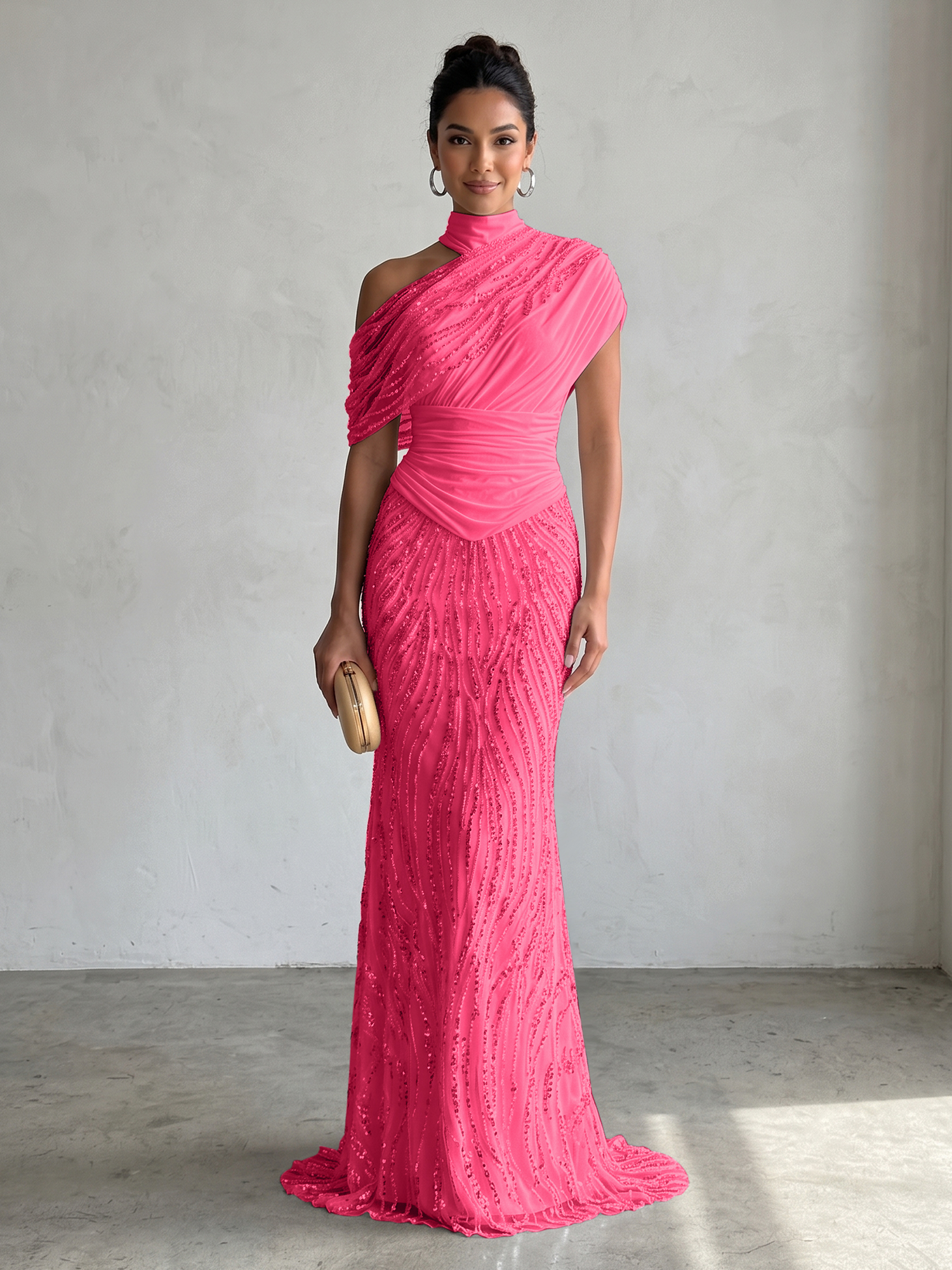 Ethereal White Beaded High-Neck Draped Sheath Formal Evening Dress