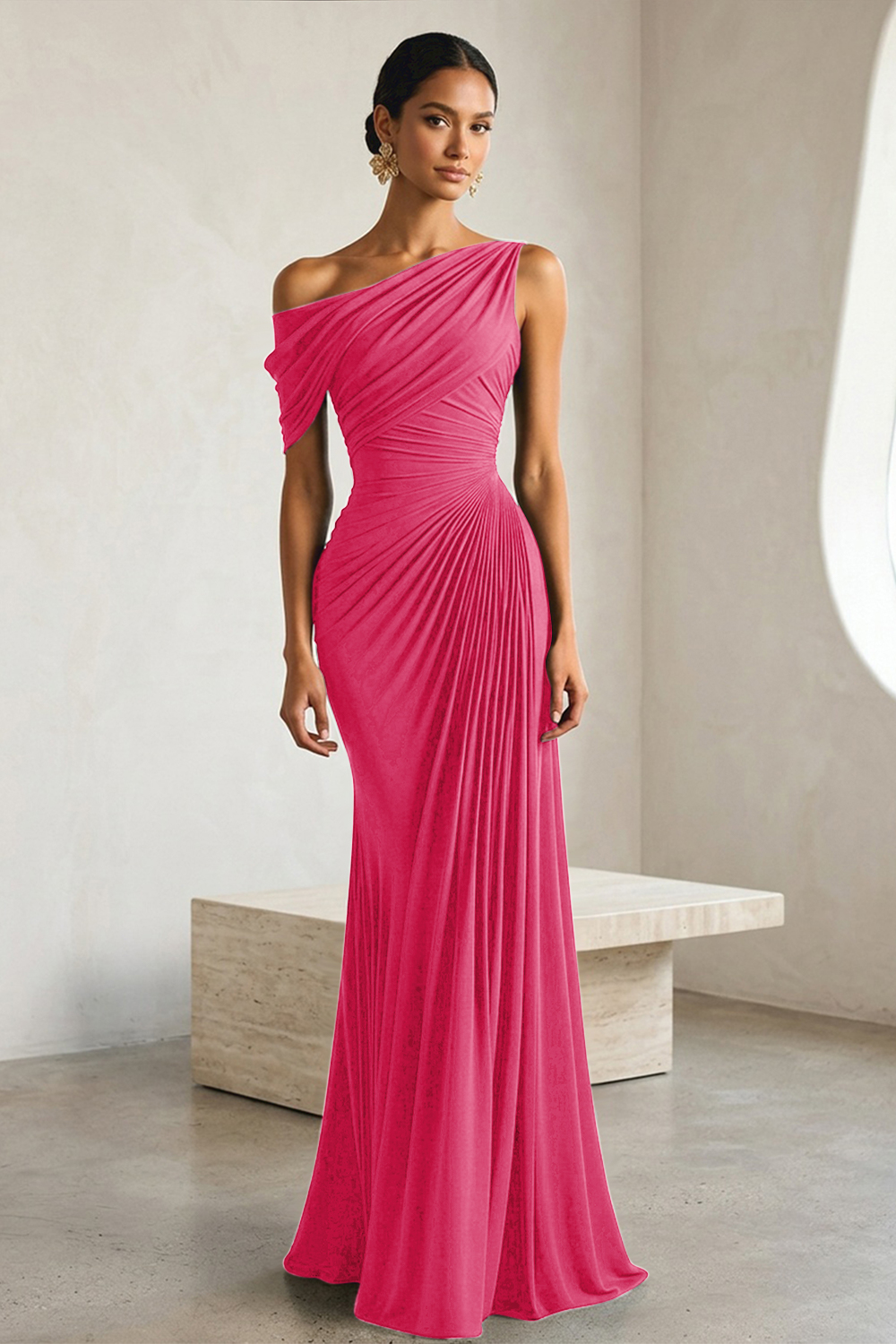 Timeless Black Architectural One-Shoulder Sheath Evening Gown