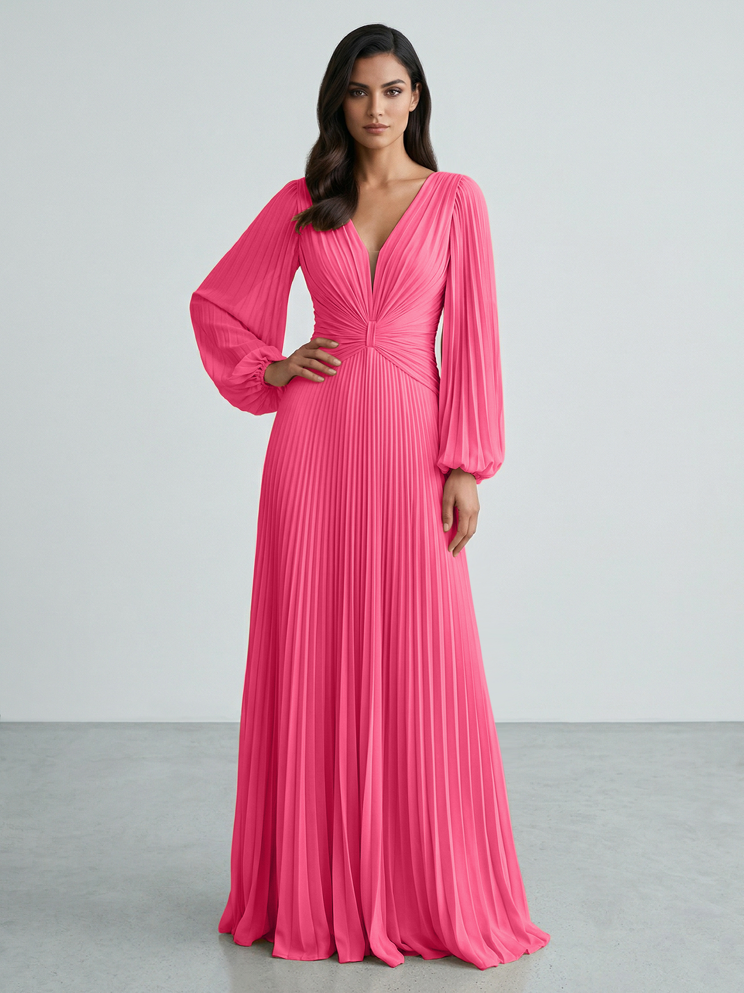 Slate Blue Plunging V-Neck Pleated Long Sleeve Maxi Dress Gown