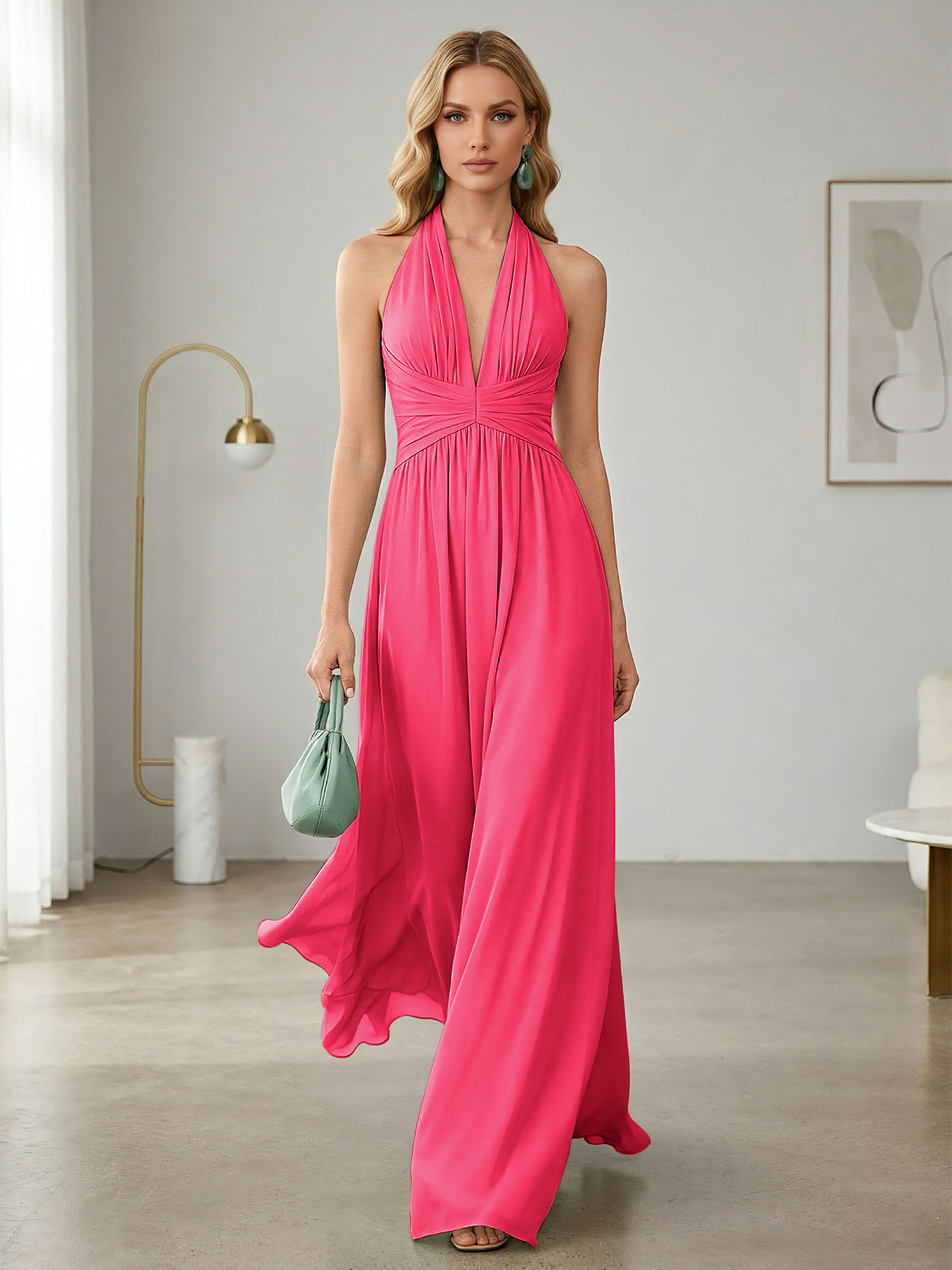 Elegant Sage Green Halter Chiffon Maxi Gown