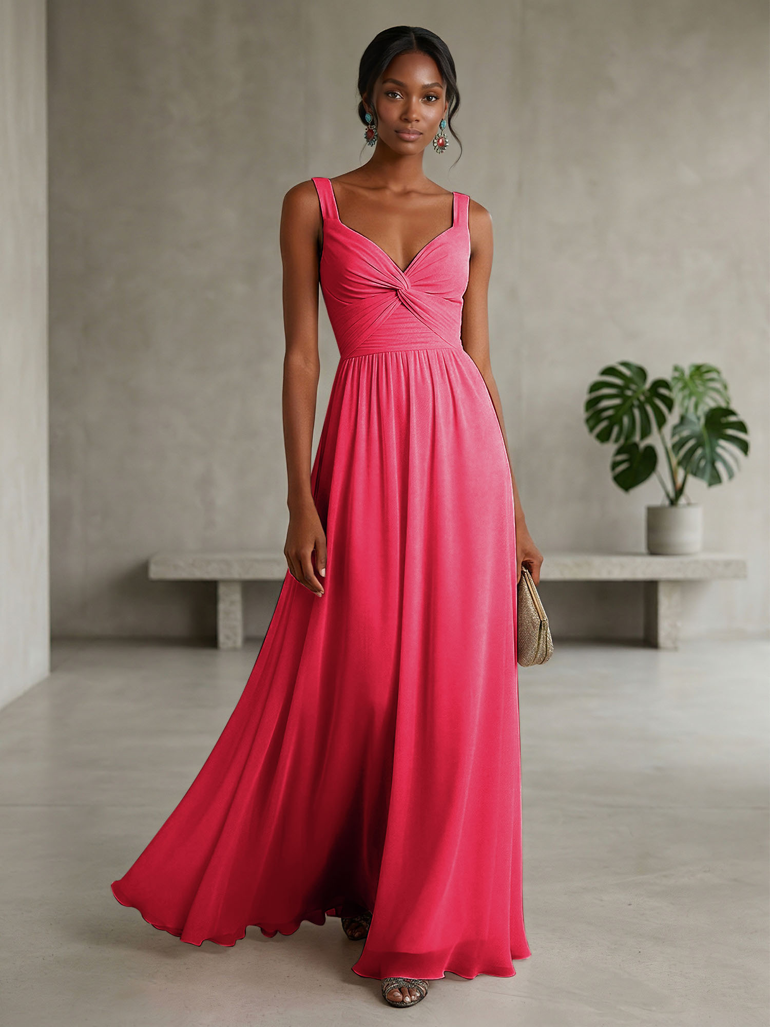 Elegant Soft Blush Twist-Front Chiffon Maxi Gown