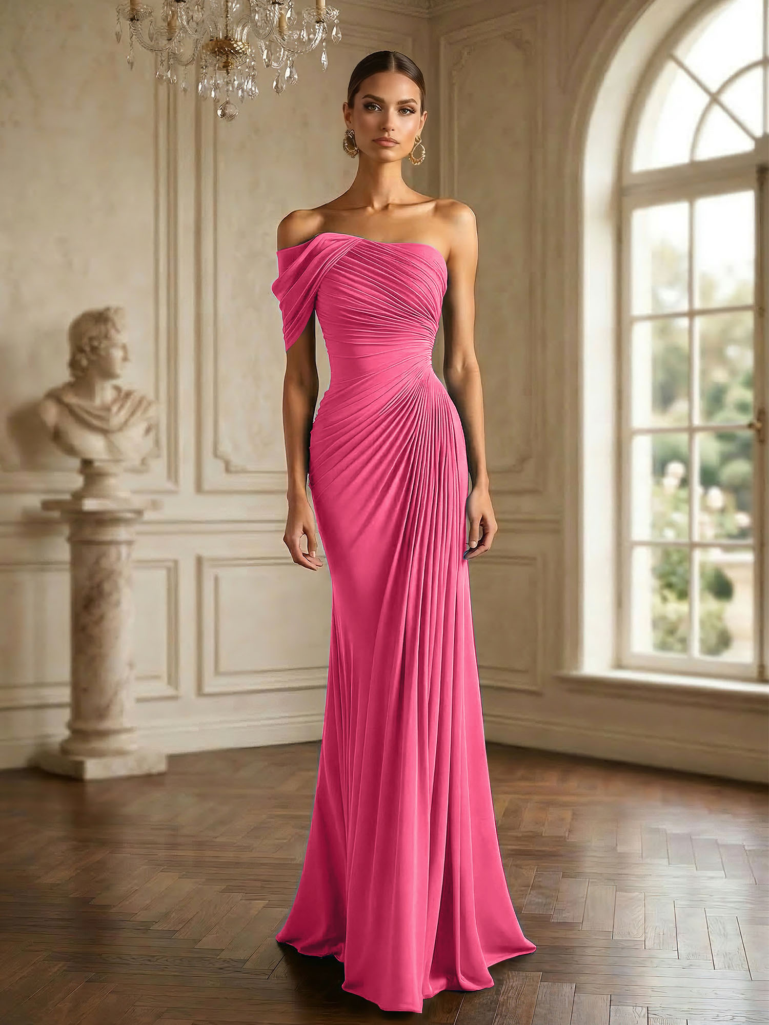 One Shoulder Pleat Mermaid Chiffon Evening Dresses for Women Gown
