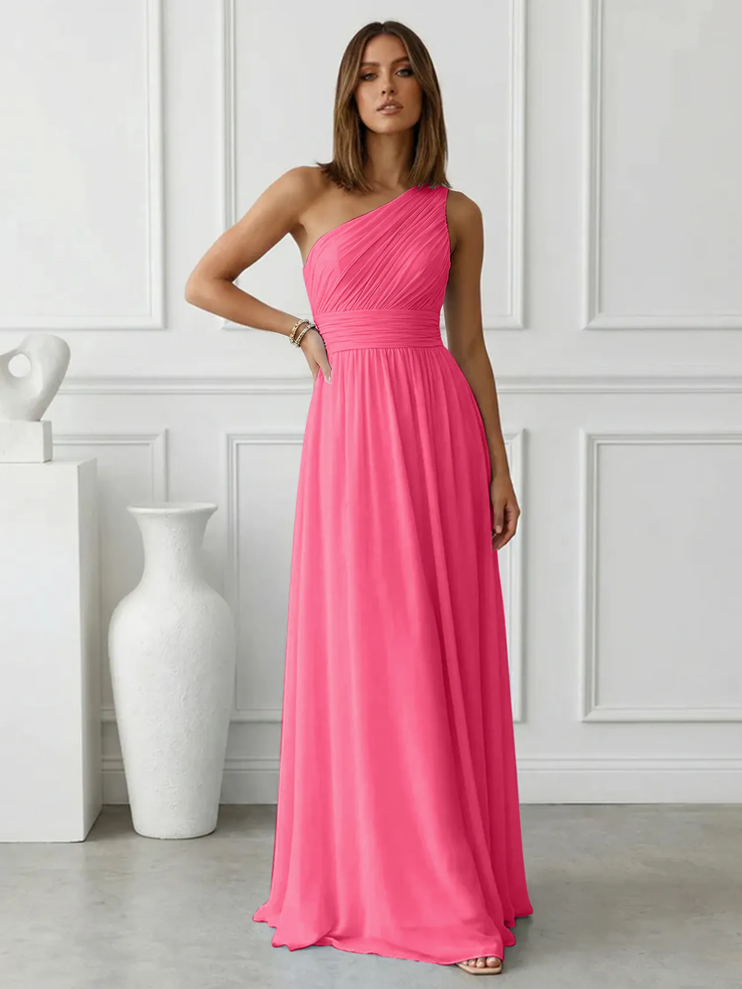 One-Shoulder Pleated Chiffon A-Line Evening Dress