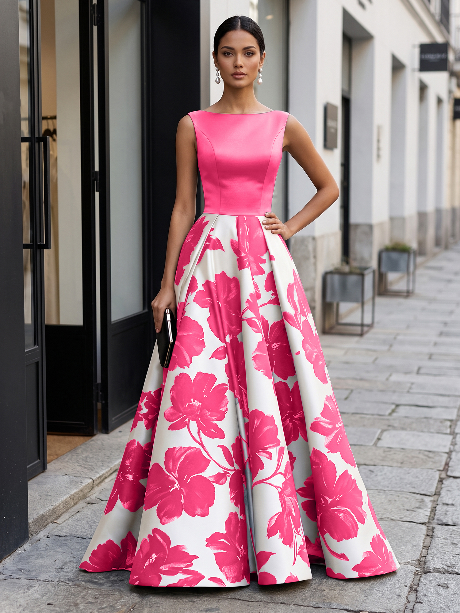 Black Timeless Monochrome Floral Statement Formal Evening Dress