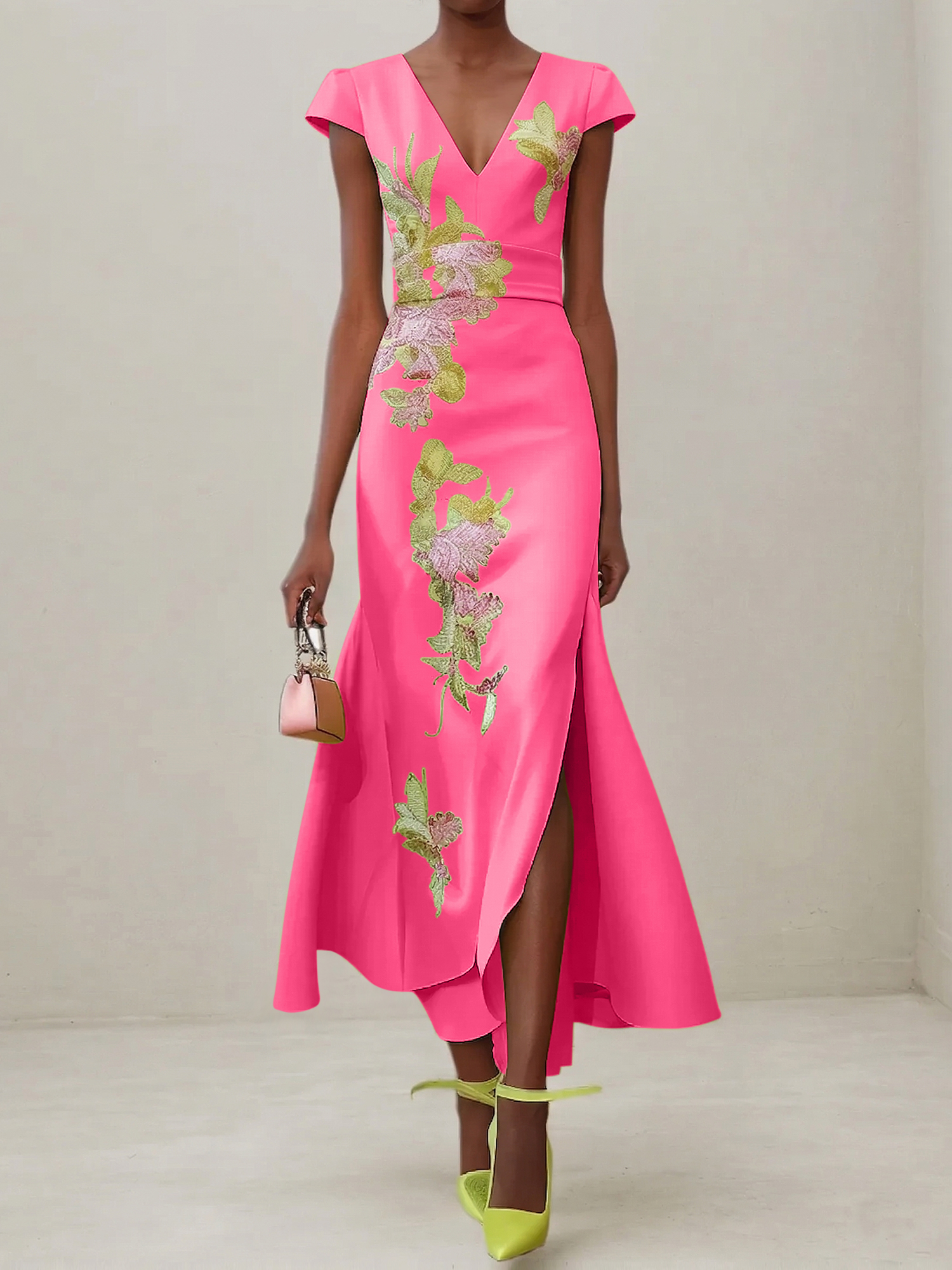 Elegant V-Neck Cap Sleeve Satin Midi Gown with Floral Embroidery & High Slit