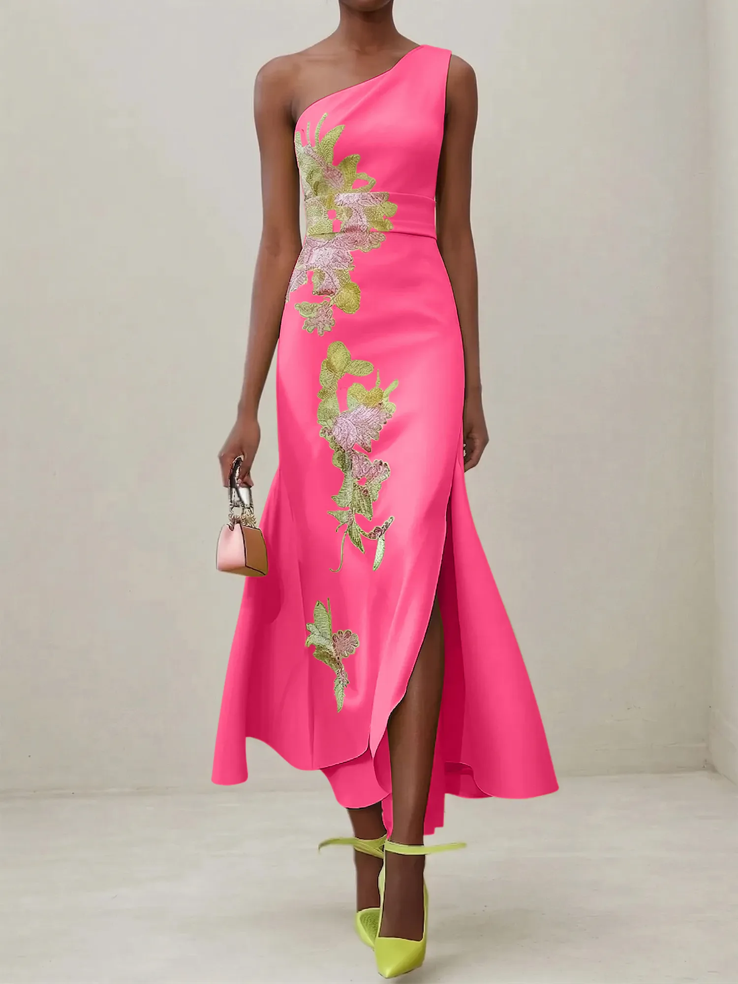 Elegant One Shoulder Cap Sleeve Satin Midi Gown with Floral Embroidery & High Slit