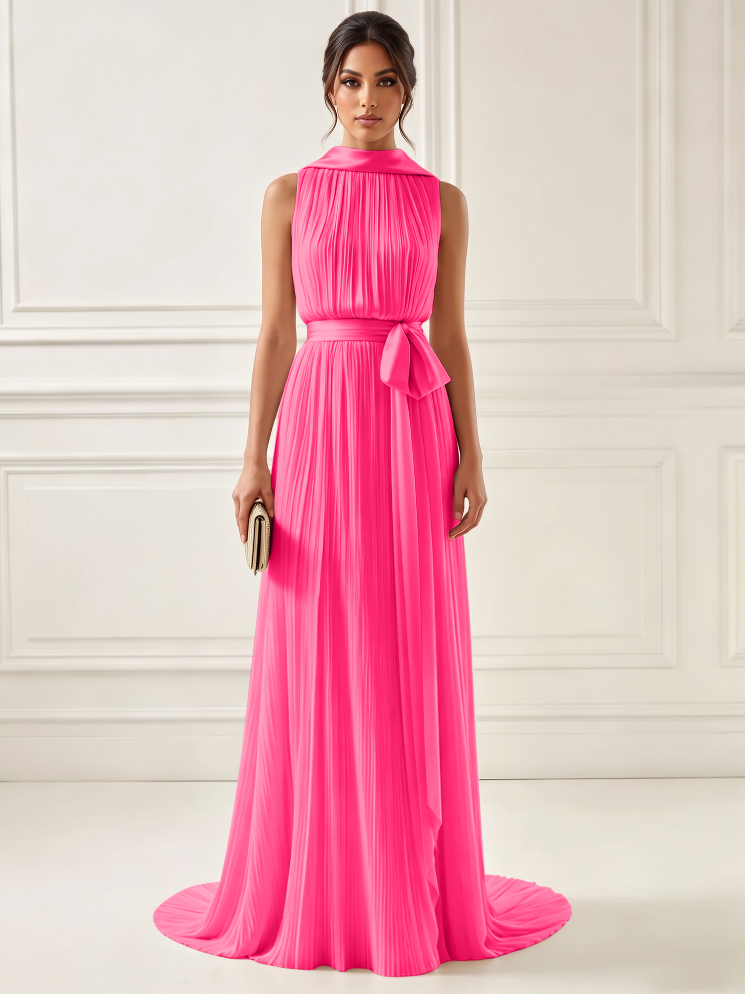 Ethereal Pleated Pastel Pink High Neck Maxi Formal Evening Dress with Satin Sash