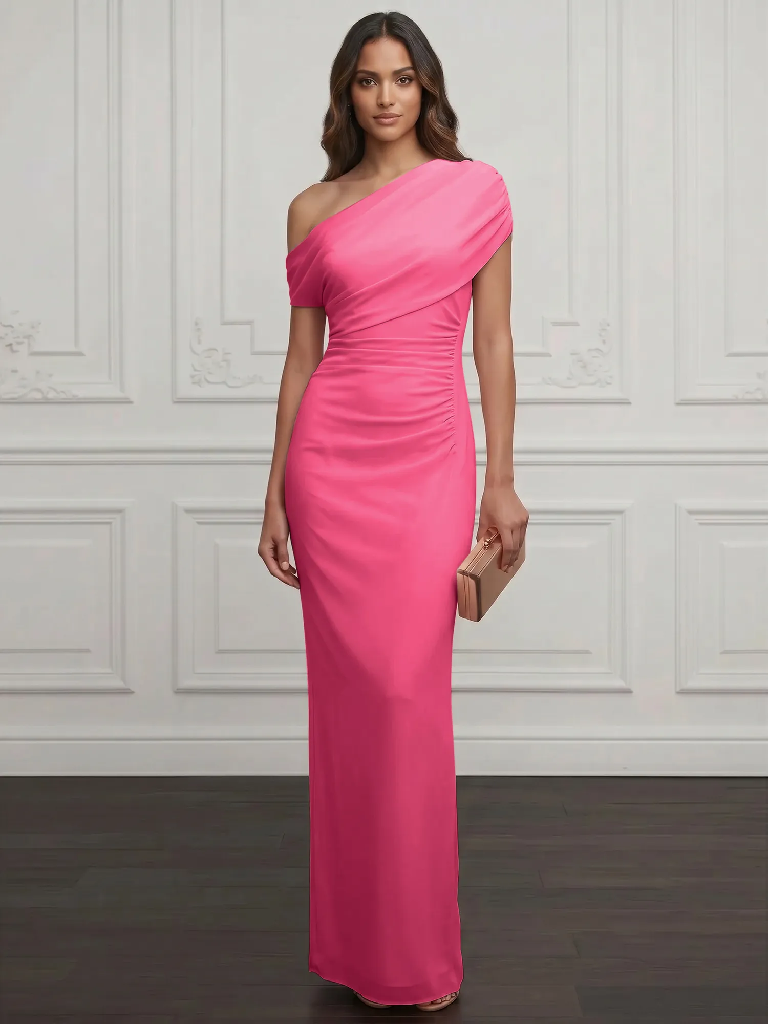 One-Shoulder Draped Chiffon Evening Gown